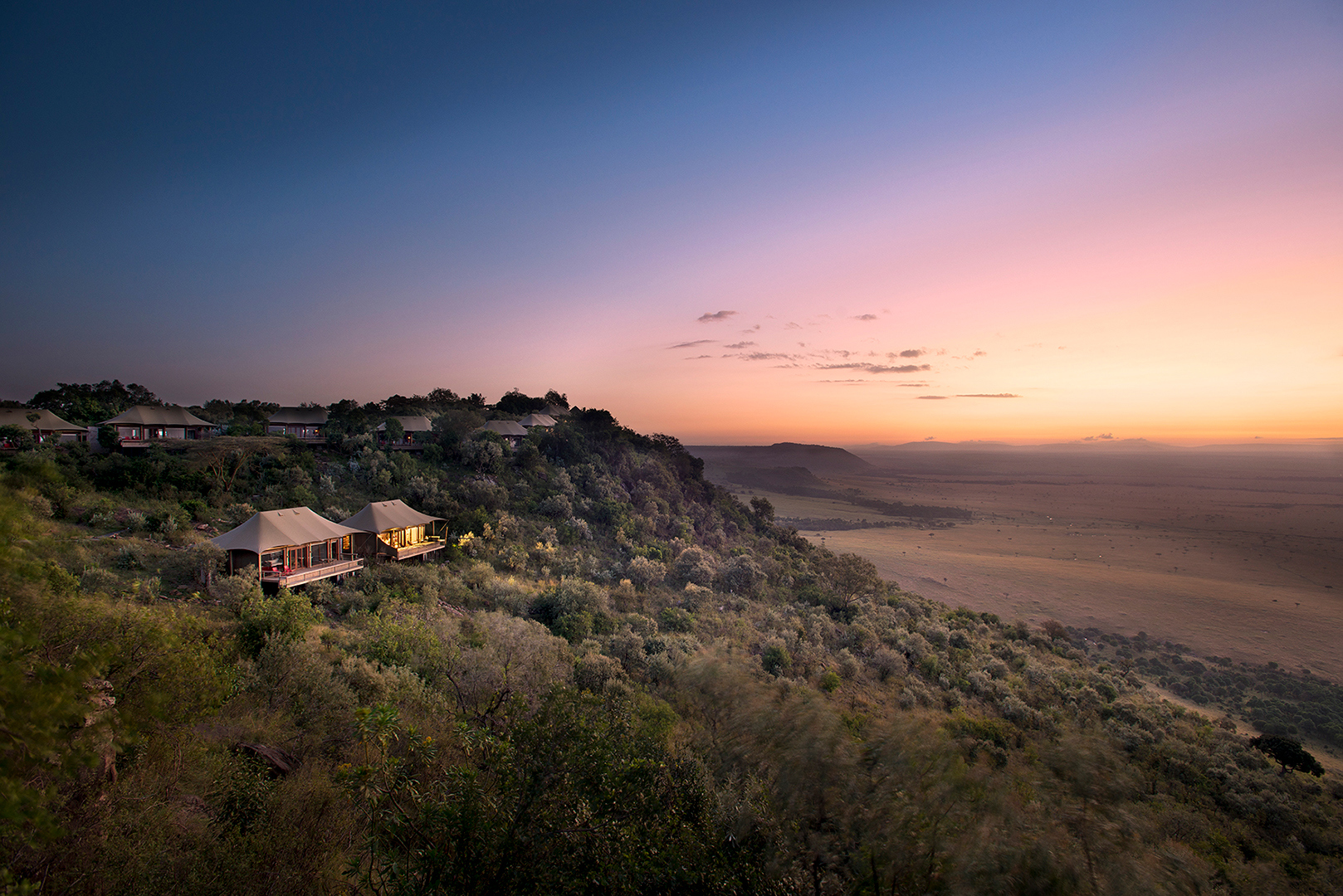Africa, Kenya, Angama Mara, Tented camp aerial
