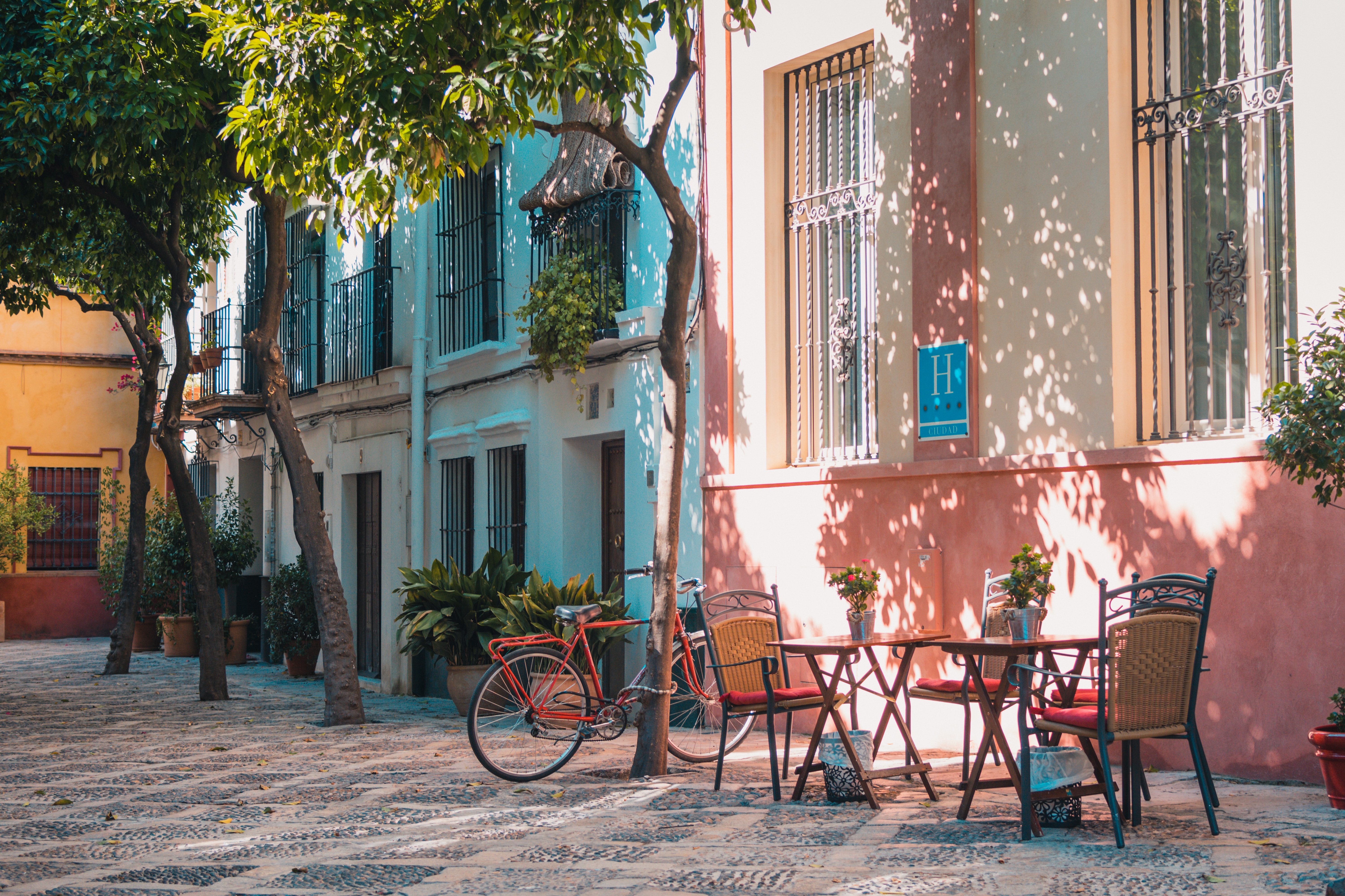 Europe, Spain, outdoor table and chairs