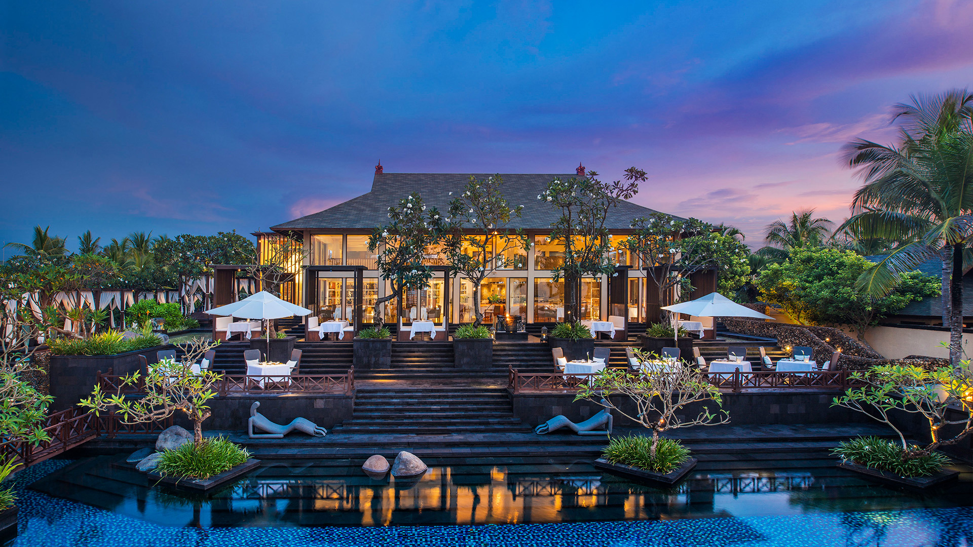 Worldwide, Indonesia, The St. Regis Bali Resort, Exterior of Kayuputi Restaurant at Dusk
