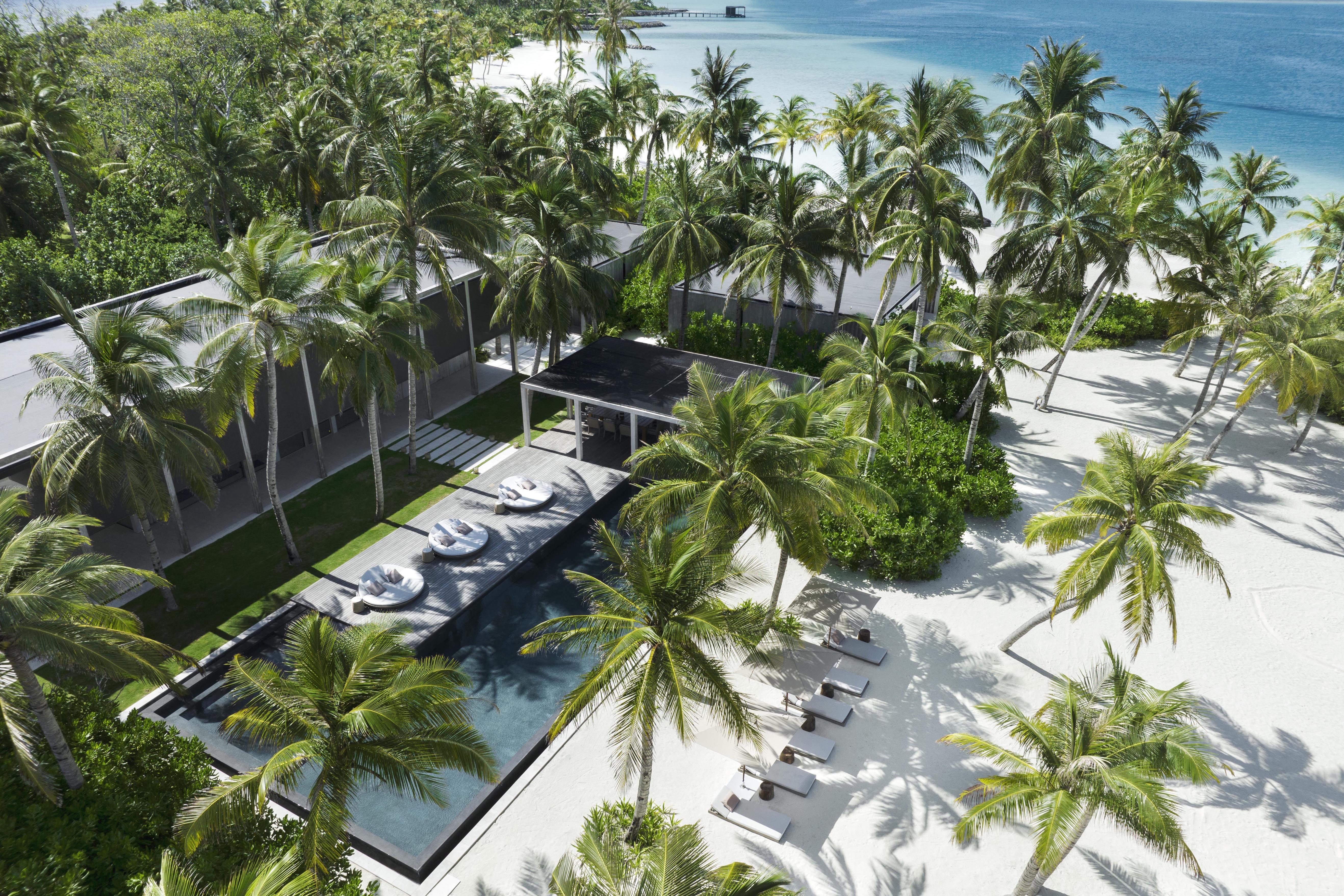 Aerial view of RC Estate swimming pool and private area of beach