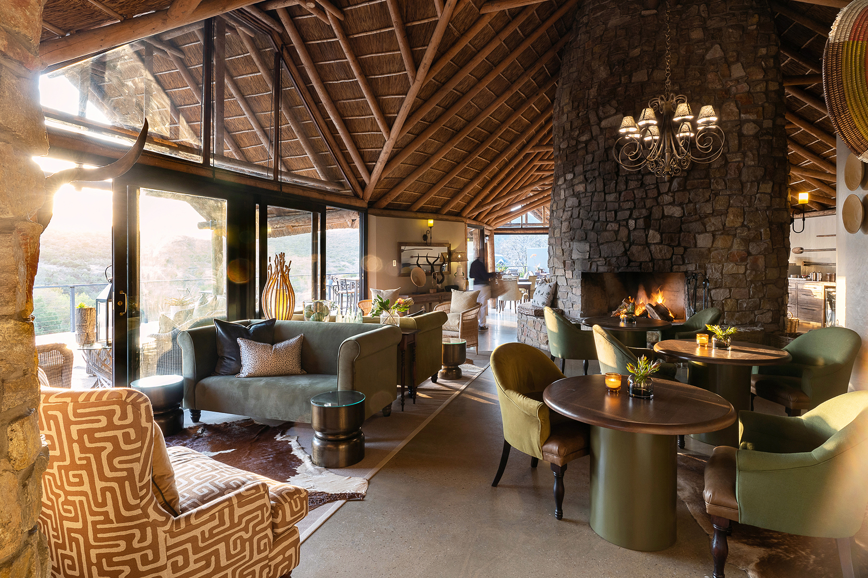 Africa, South Africa, Kwandwe Private Game Reserve, Great Fish River Lodge, lounge and dining area