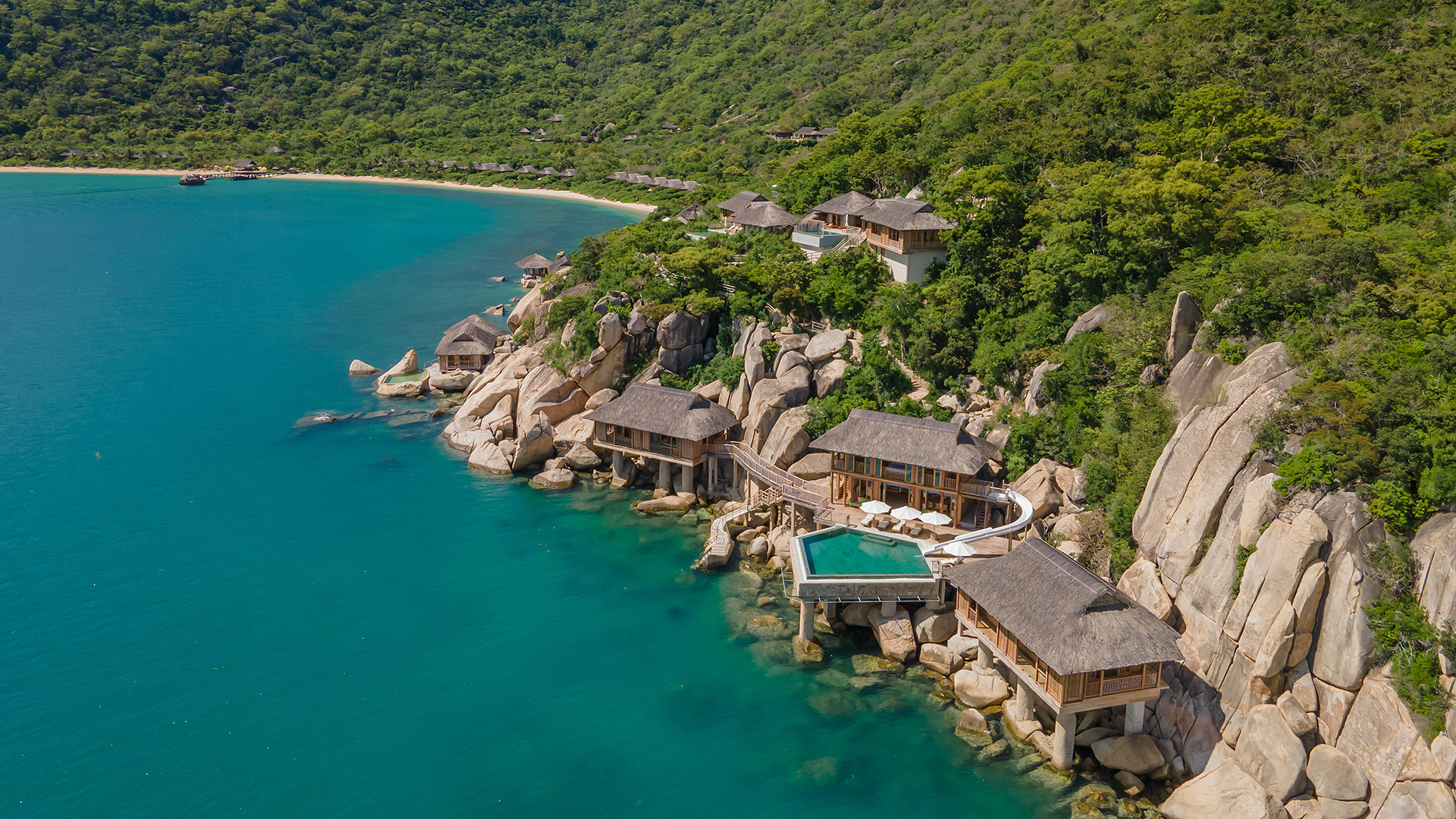 Worldwide, Vietnam, Six Senses Ninh Van Bay, Aerial view of villas on rocky coast