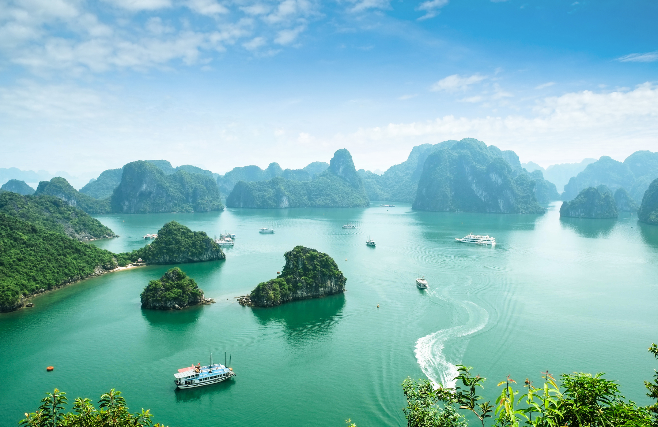 Aerial view of boats at Hạ Long Bay