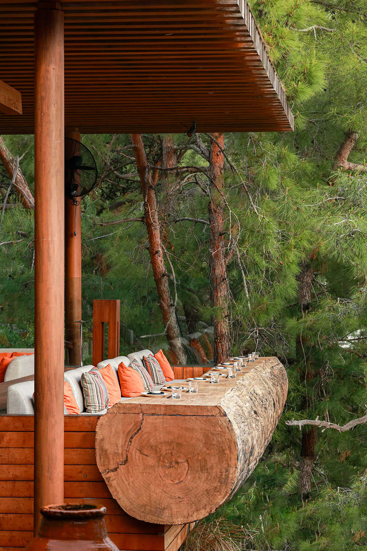 Europe, Turkey, D-Resort Gocek, Q Lounge, long one-sided table made of tree bark