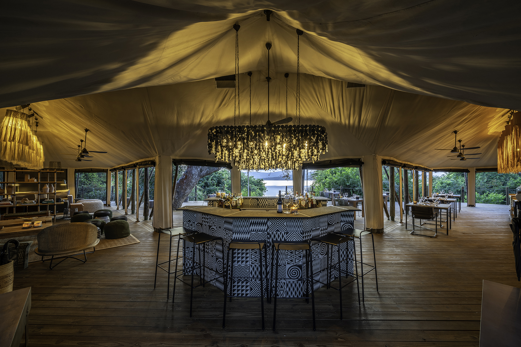 Africa, Rwanda, Akagera National Park, Wilderness Magashi Camp, communal tent with bar in the centre
