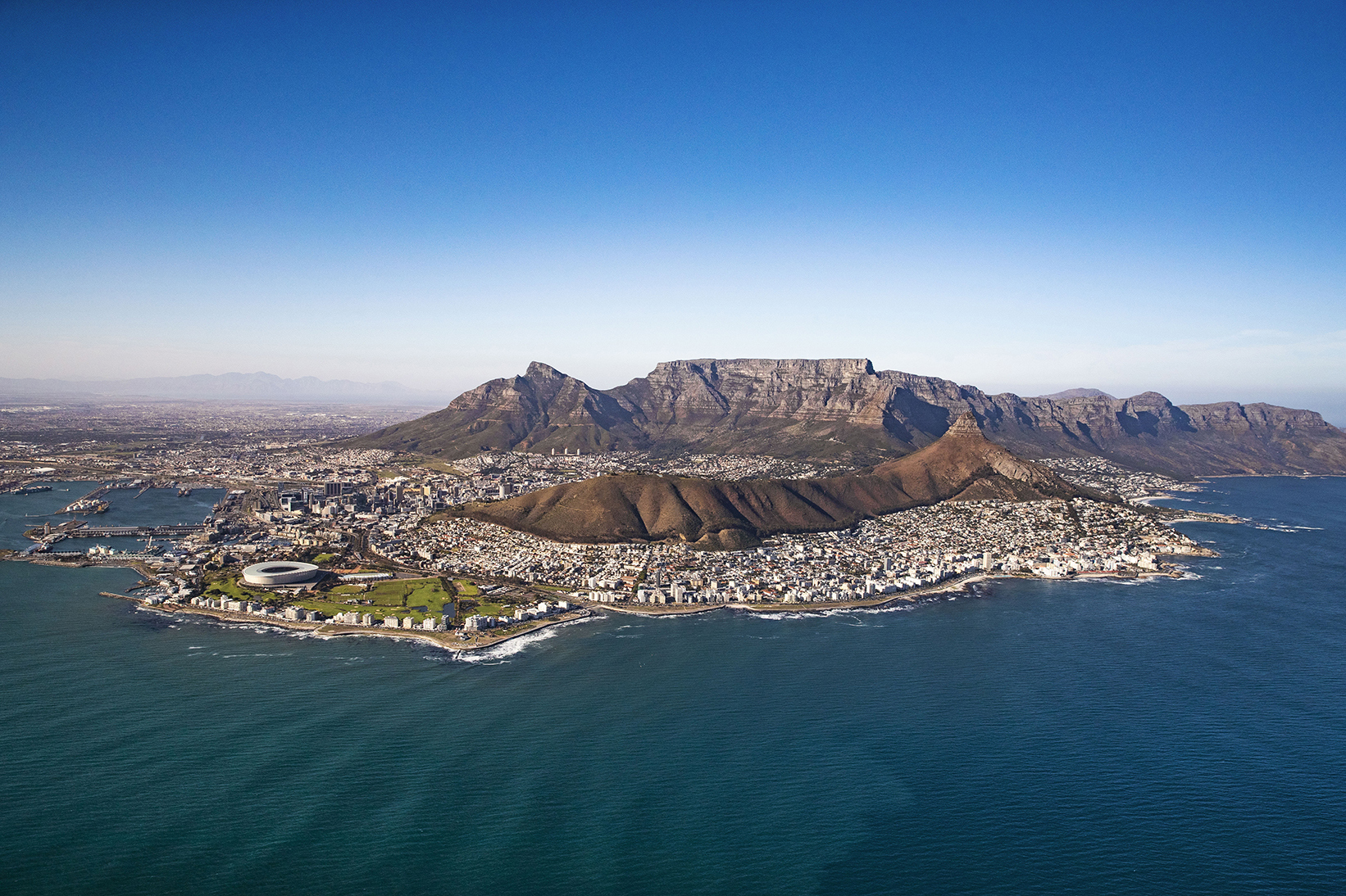 Drone shot from out at sea of Cape Town and Table Mountain