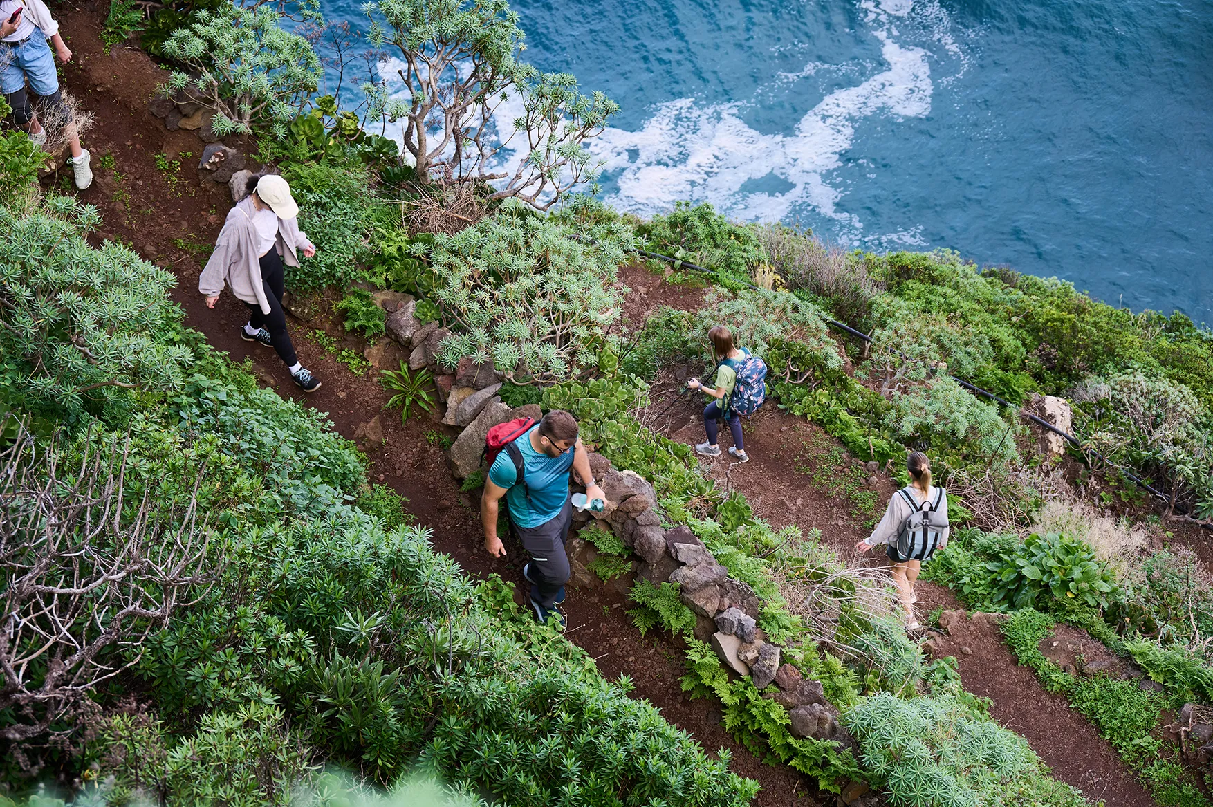 People hiking along a narrow coastal trail through dense greenery above blue ocean waves