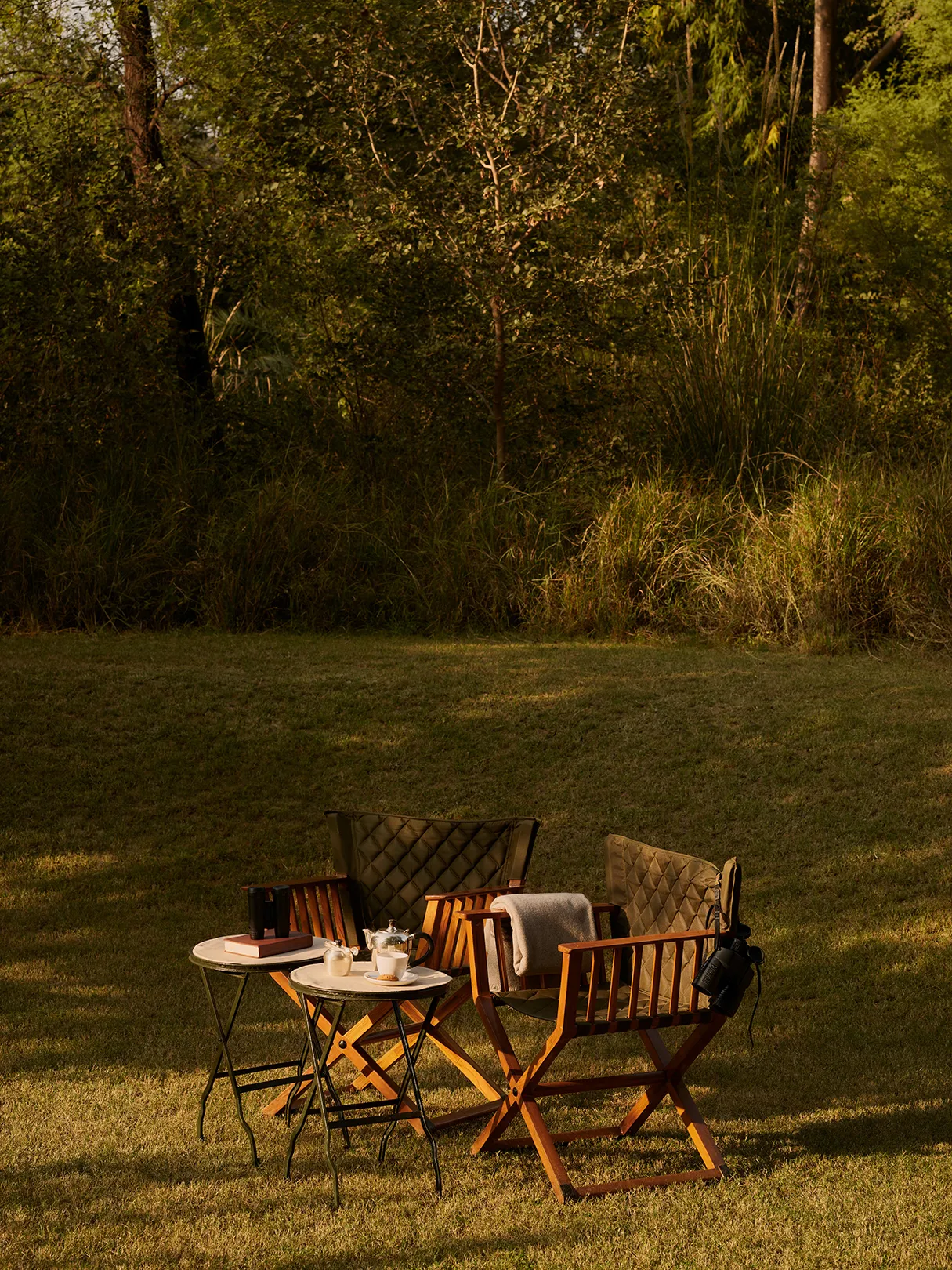 Asia, India, Aman-i-Khas, two chairs and a coffee table set up for tea with binoculars 