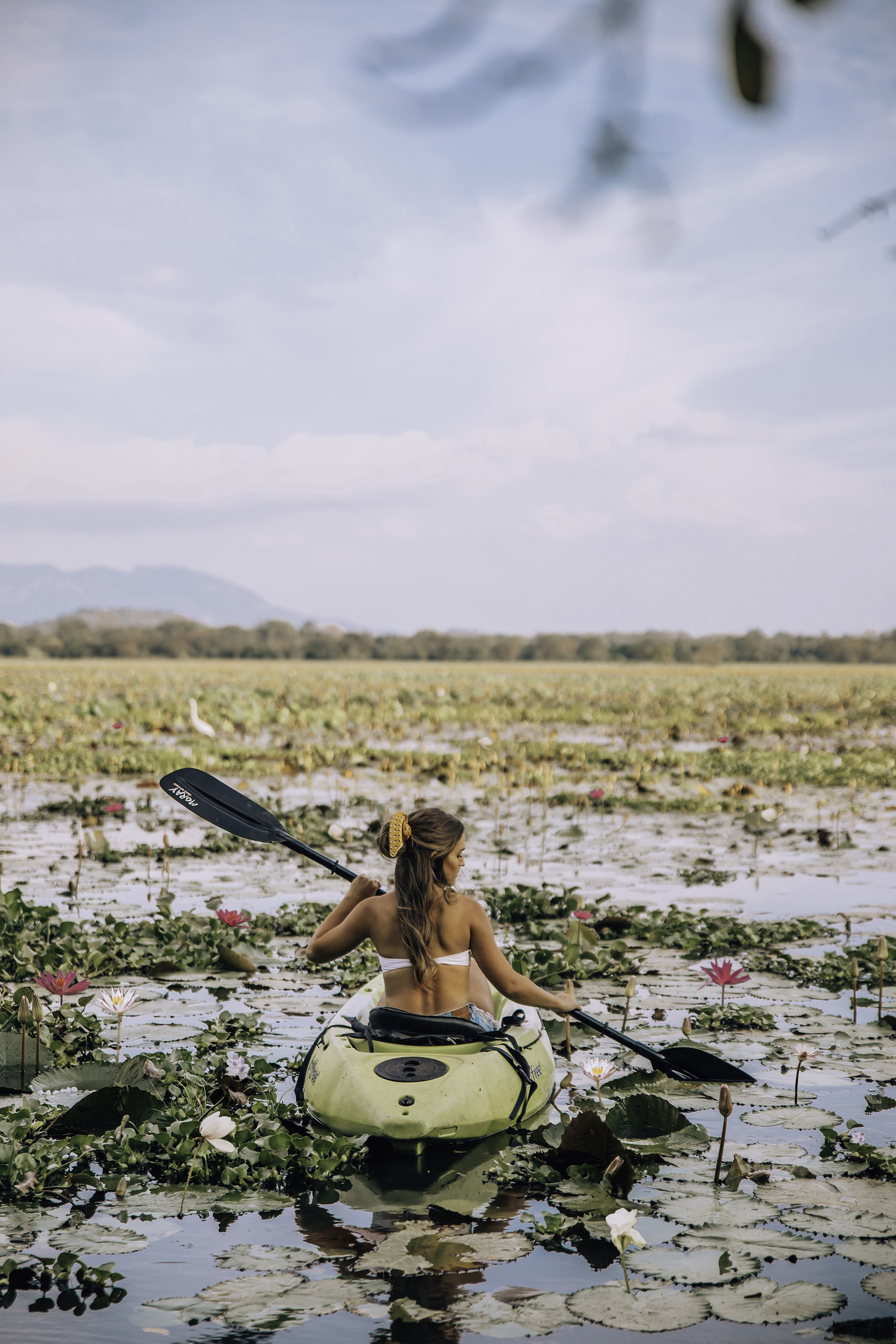 Woman in green kayak drifting through water full of lily pads