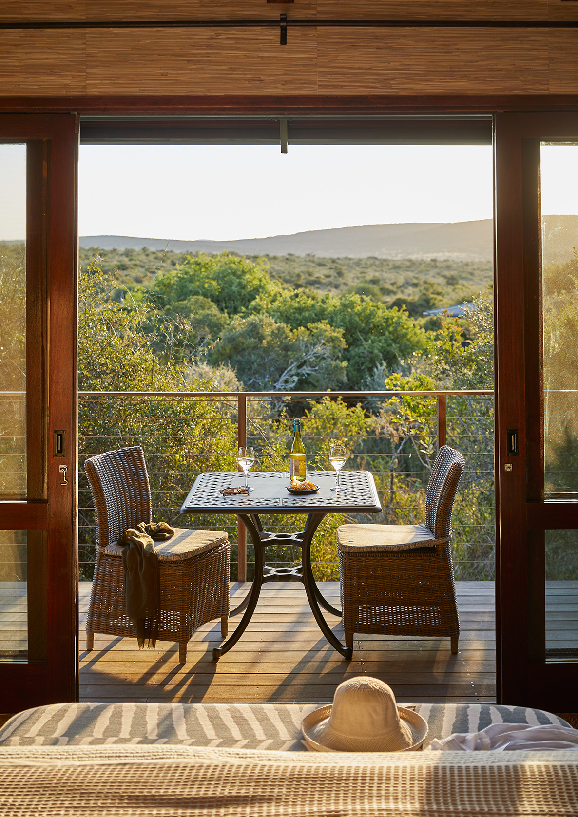 Africa, South Africa, Kwandwe Private Game Reserve, Ecca Lodge, balcony table setup for two
