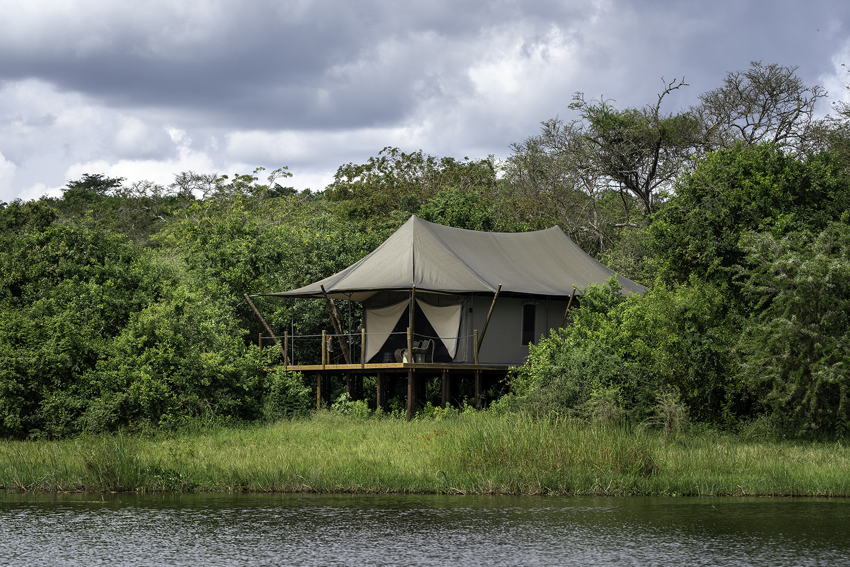 Africa, Rwanda, Wilderness Magashi waterfront tent exterior