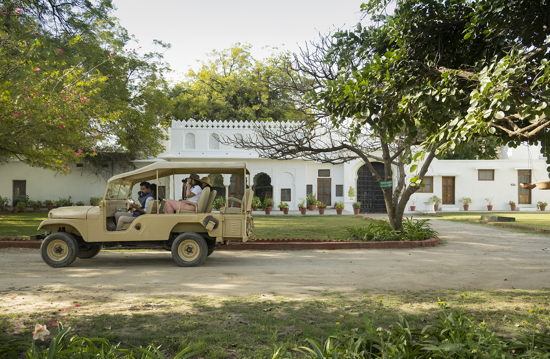 Asia, India, Sujan Sher Bagh, game drive vehicle leaving the lodge 