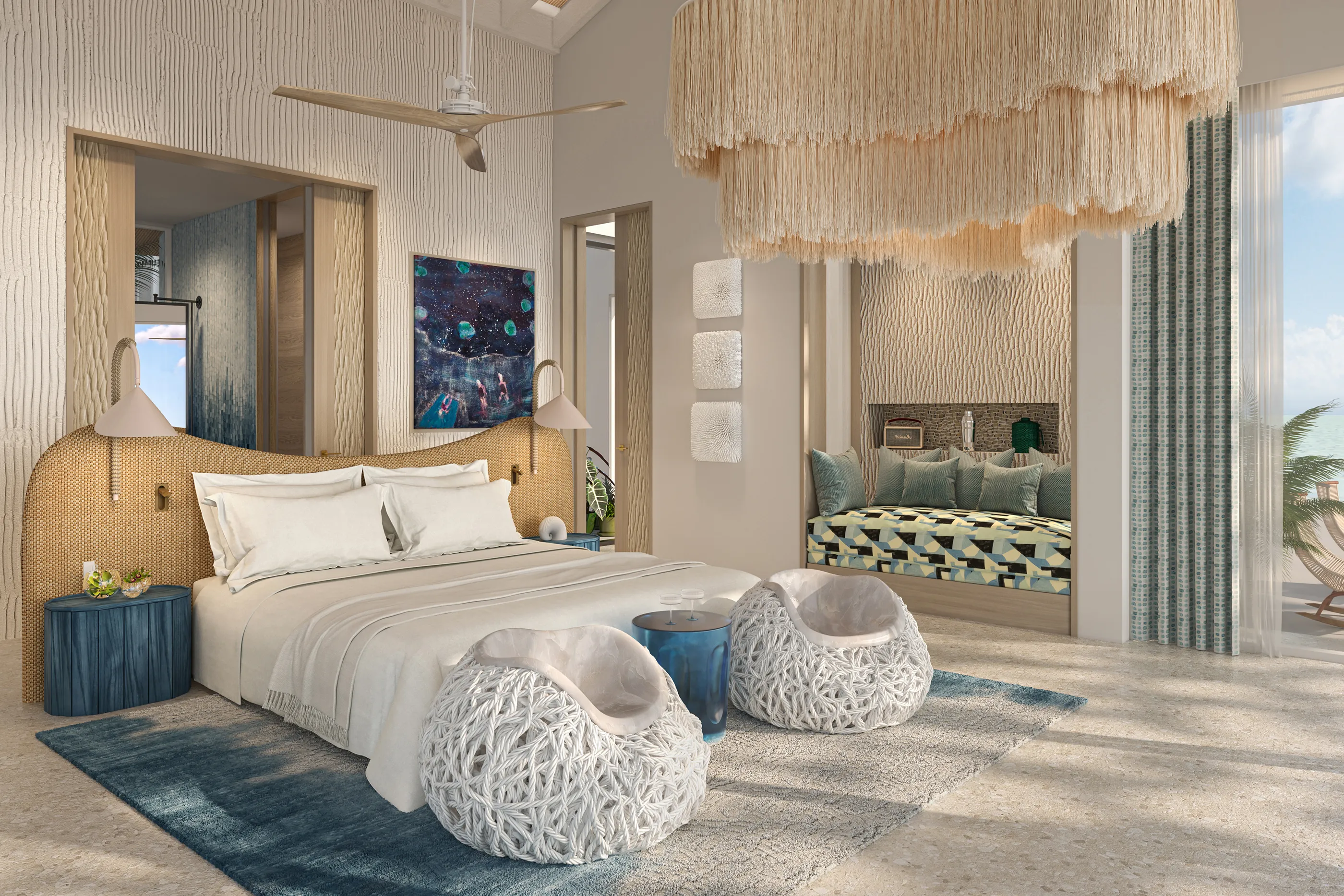 Stylish bedroom in the Water Villa at .Here Resort in the Maldives featuring contemporary design and ocean views.