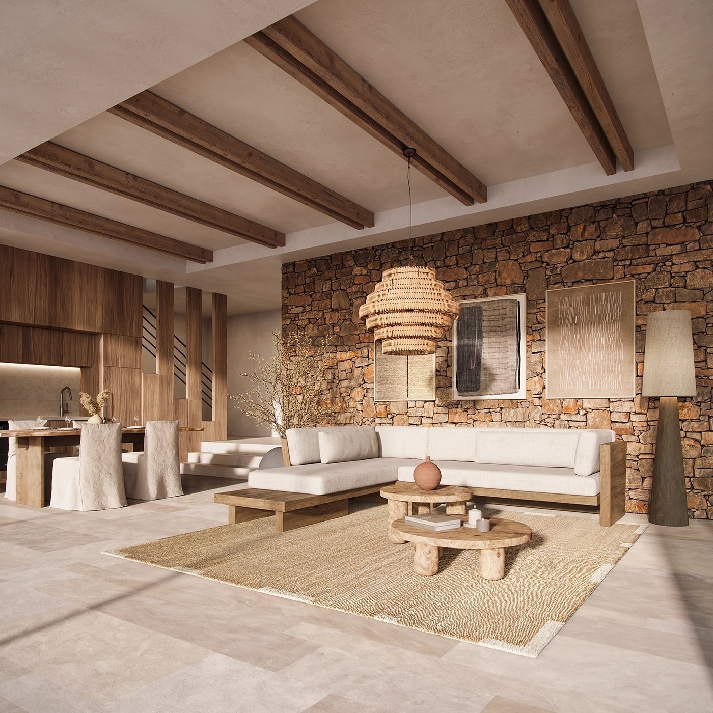 An open-plan living and dining room with stone walls, wooden accents and neutral tones