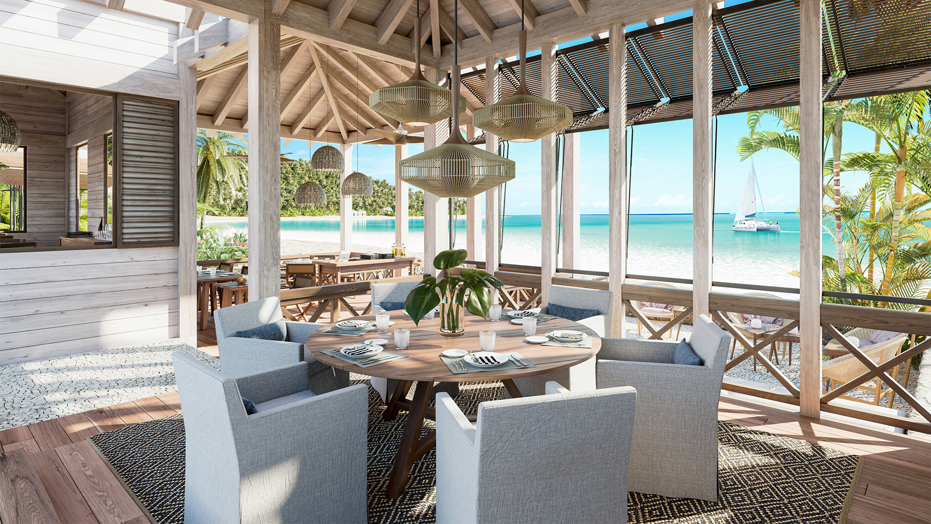 Rosewood Little Dix terrace dining by the sea