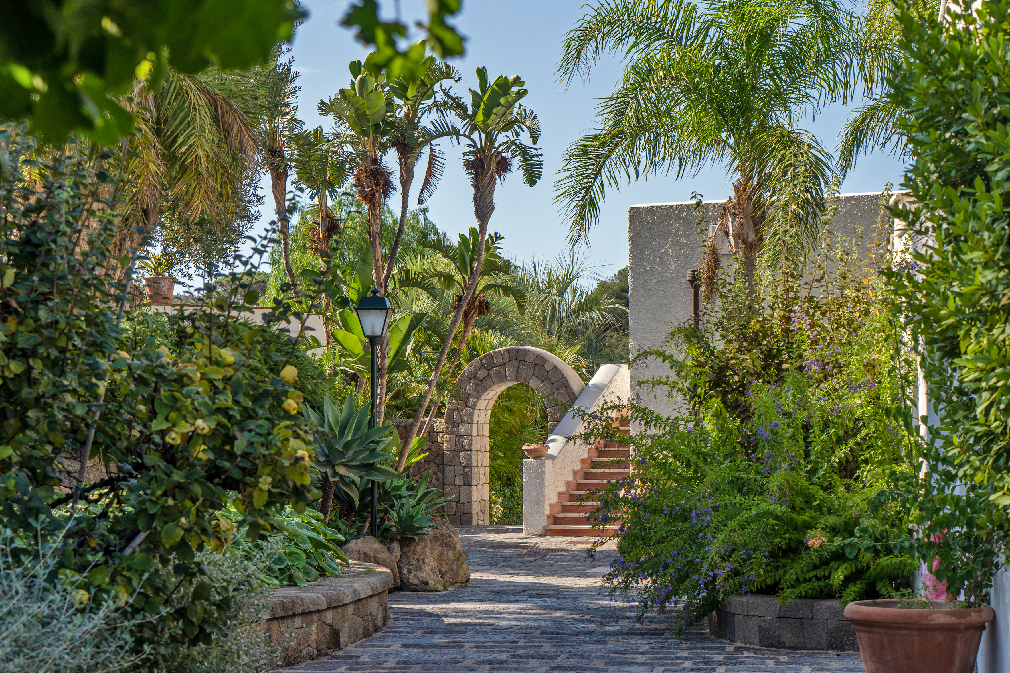 Scenic garden pathway with lush greenery and palm trees at Botania Relais & Spa in Ischia, leading to a stone archway and steps.