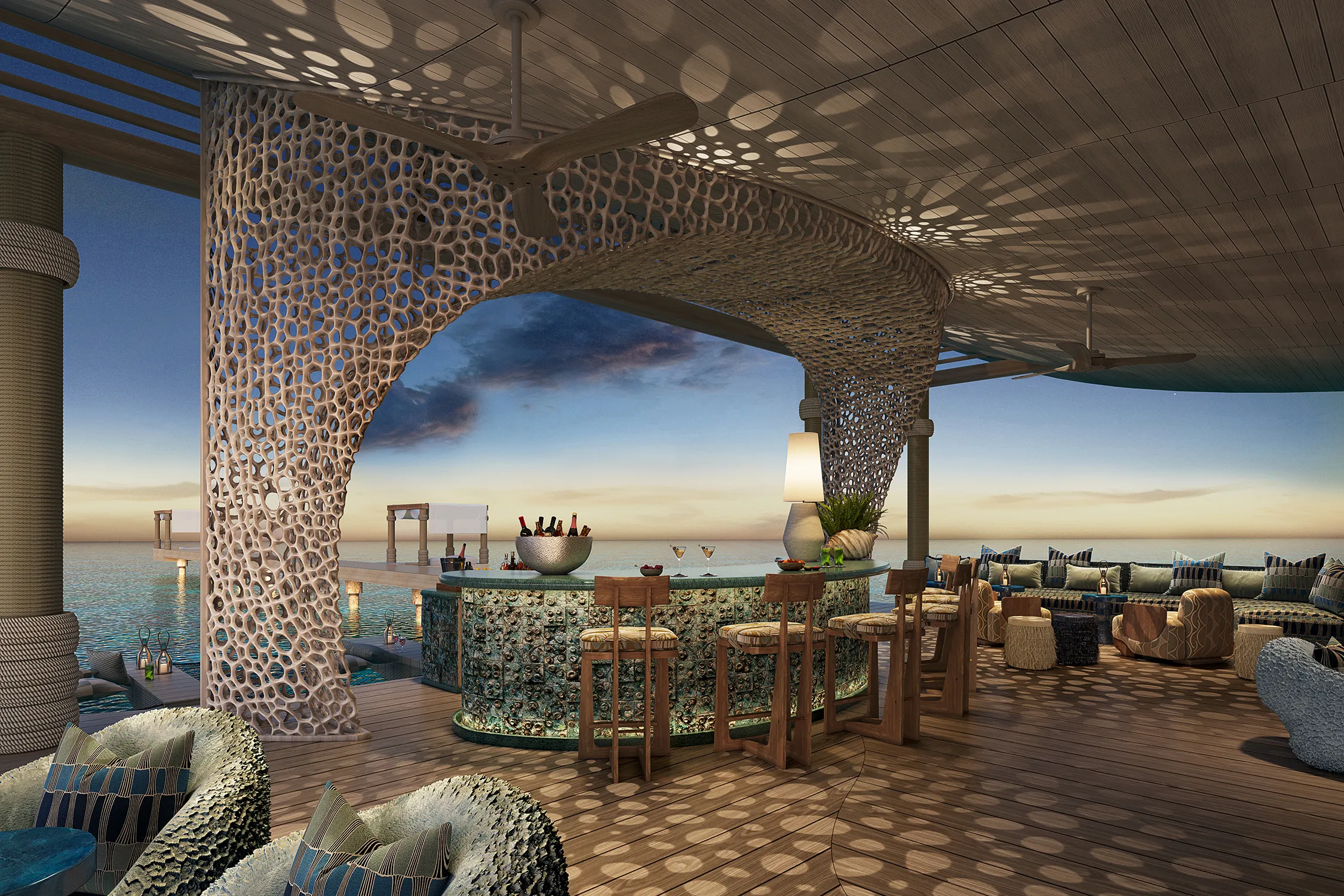 Oceanfront mixologist bar at .Here Resort in the Maldives with artistic design and sunset views.