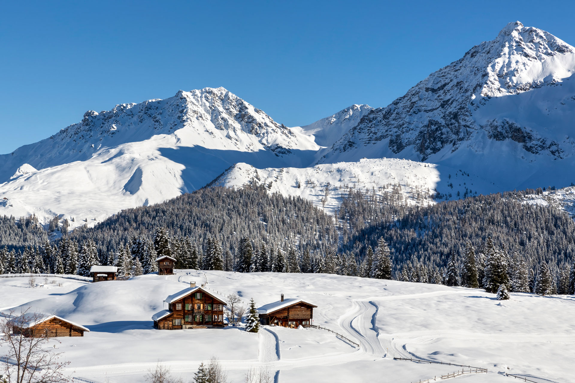 Wooden log cabins in the snowy valley in Arosa