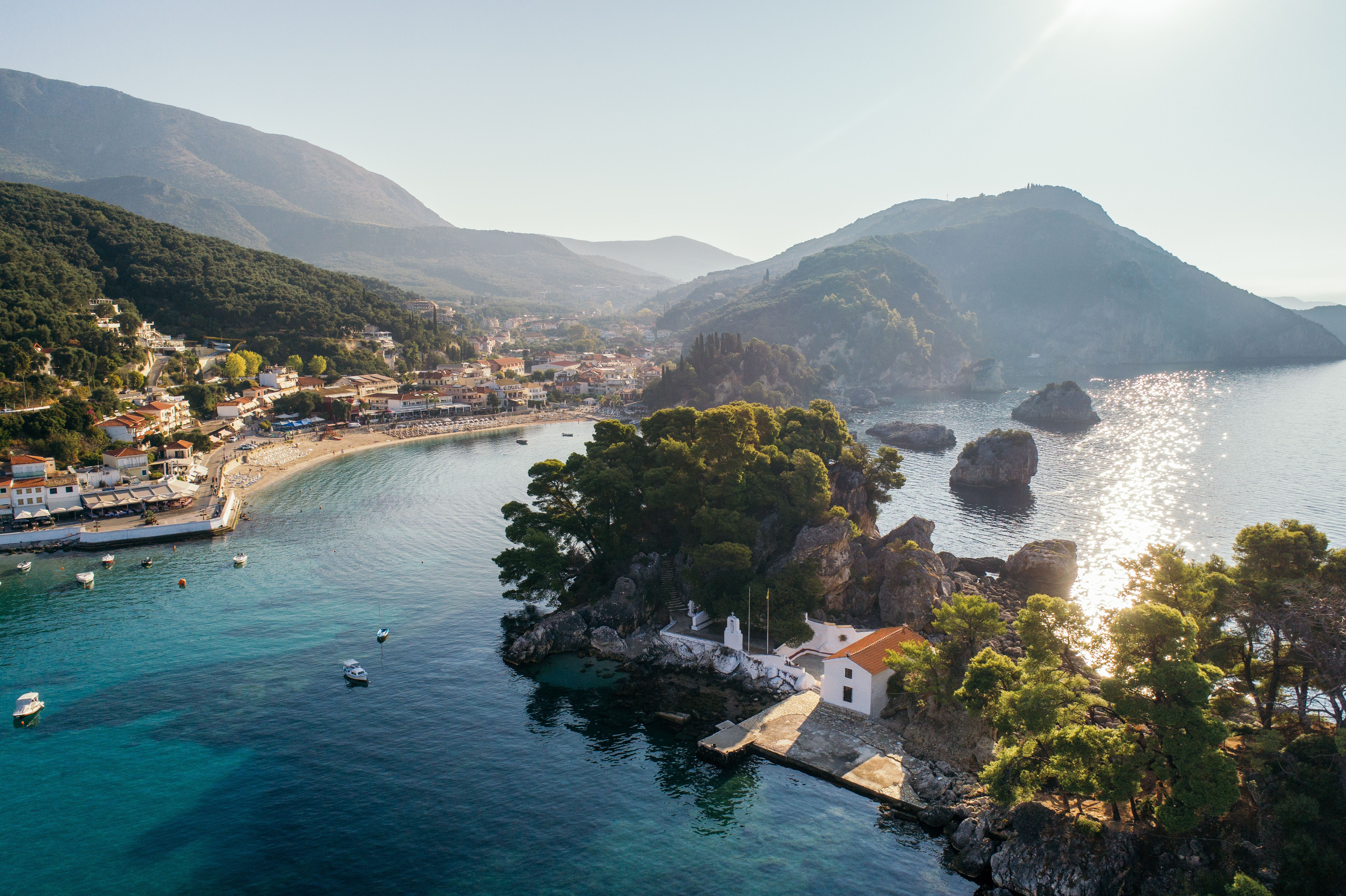 A bird's-eye view of a chapel on small island near Parga village, Greece