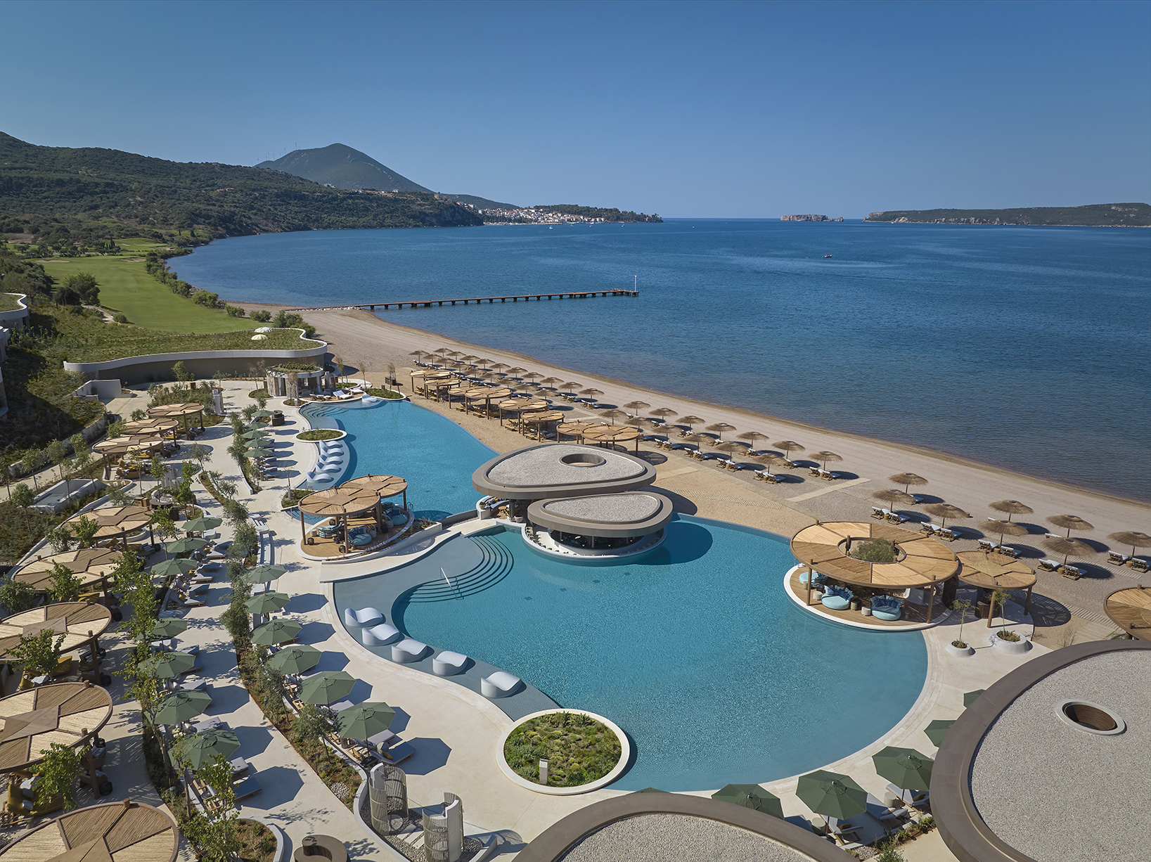 Europe, Greece, Mandarin Oriental Costa Navarino, beach club aerial 