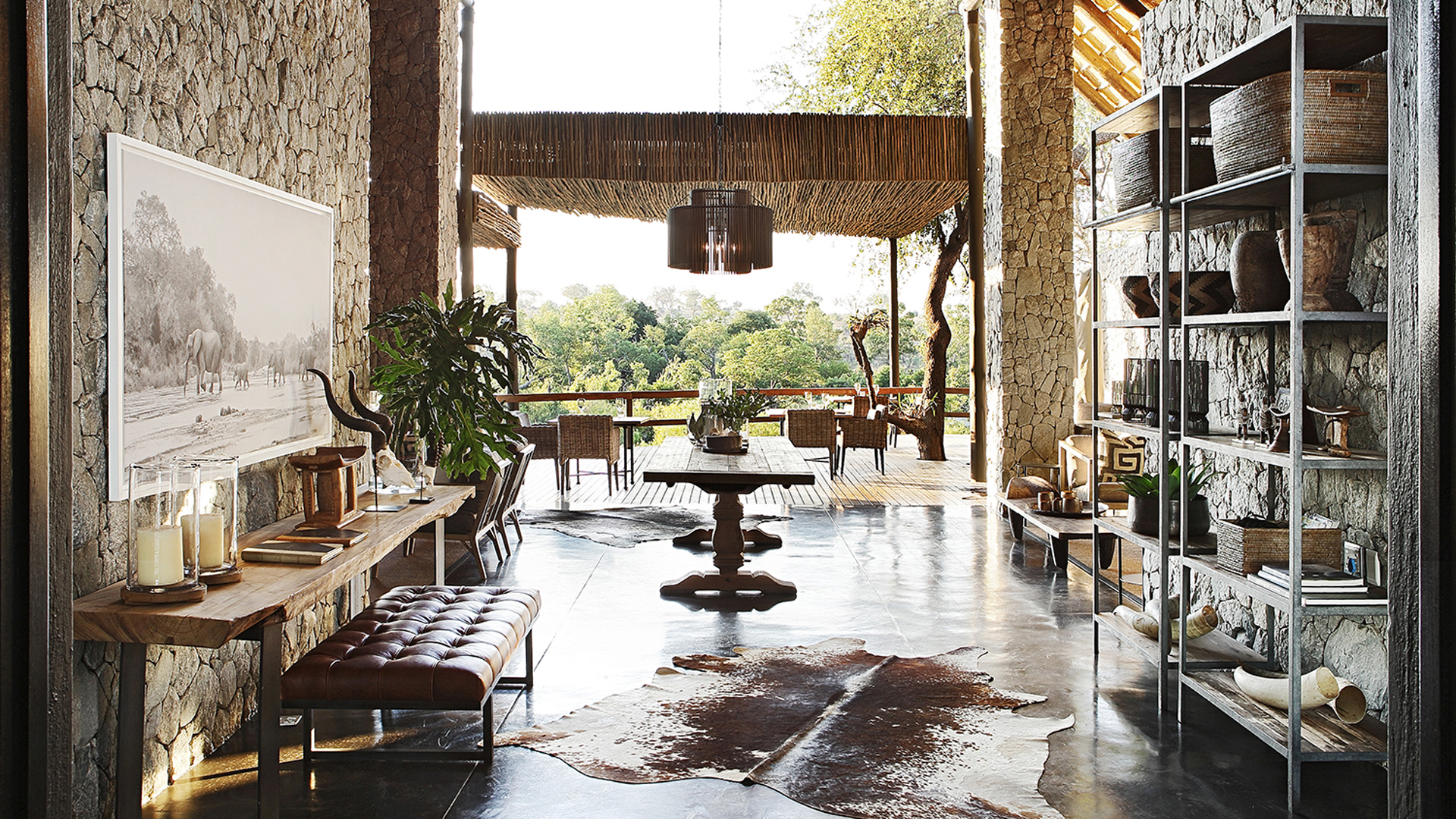 Africa, South Africa, Londolozi Private Granite Suites, Interior with view