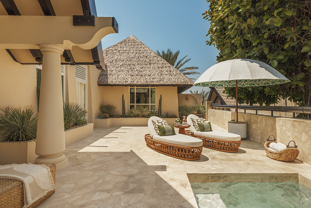 Arabia, UAE, Dubai, Jumeirah Beach Hotel, Two Bedroom Al Bahar Villa Terrace, sunloungers by a pool