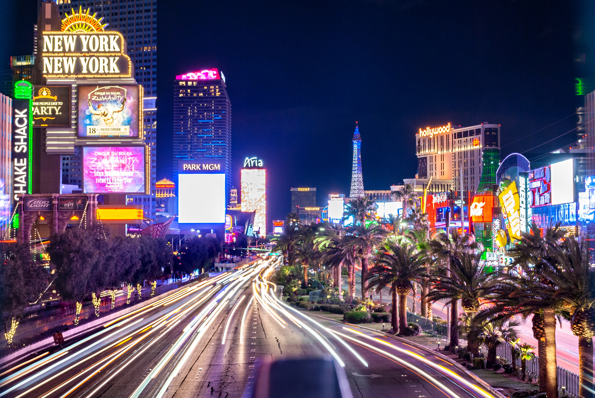 Time lapse of a road creating blurred lights in Las Vegas city at night