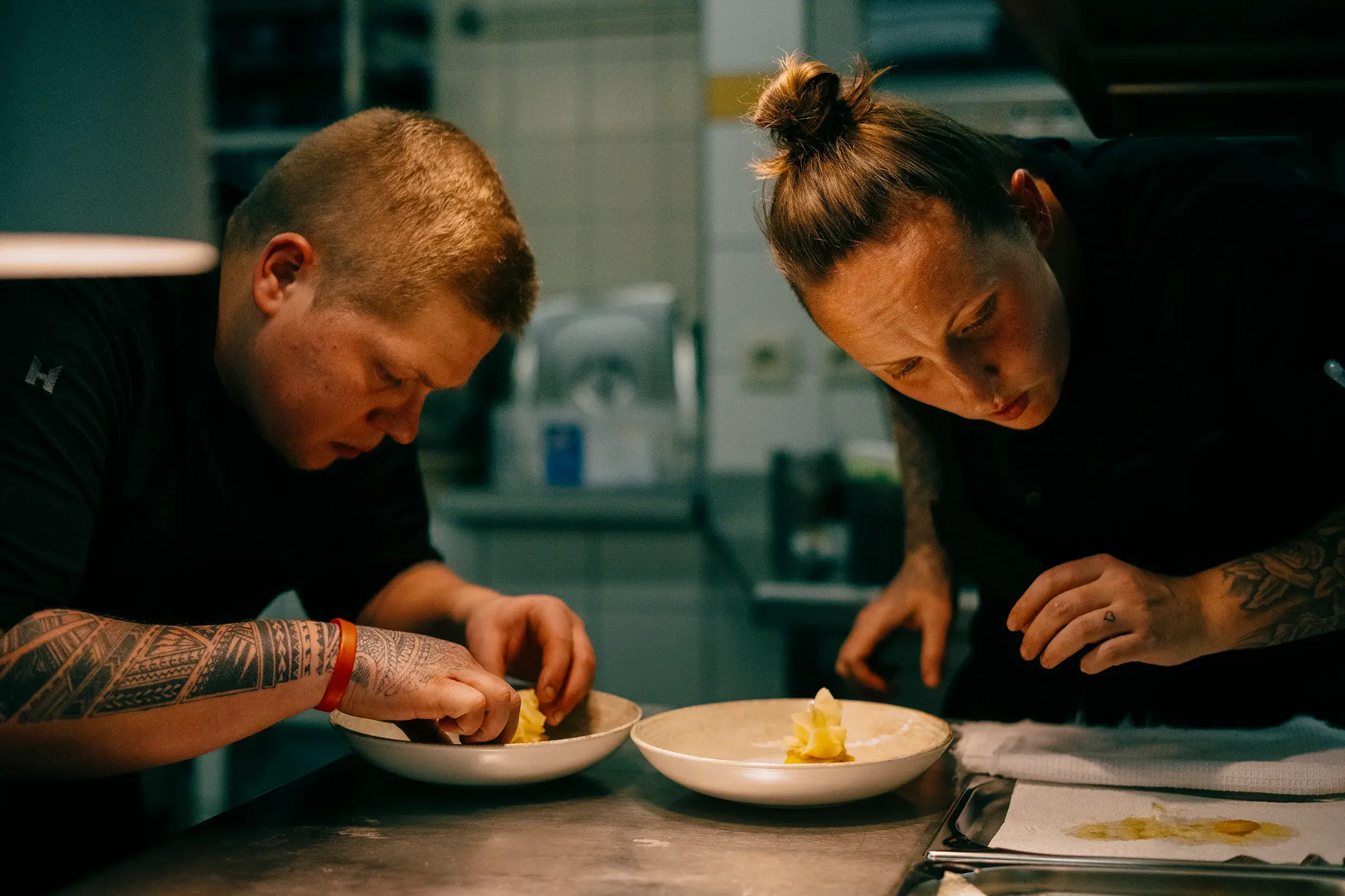 Two chefs meticulously plating gourmet dishes in a professional kitchen at the Gourmet and Wine Hotel Austria