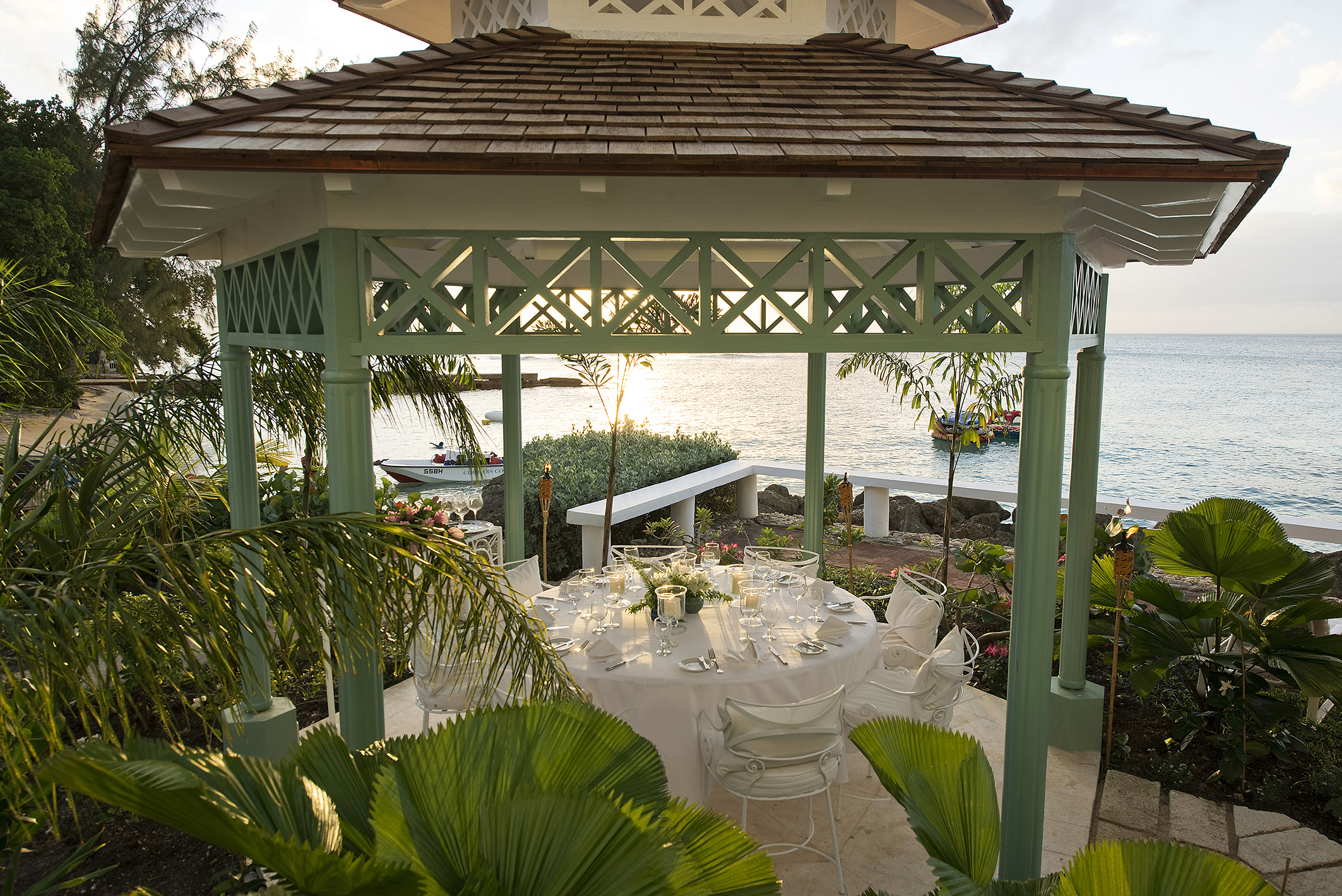 Lazybones restaurant pavilion set up for dinner