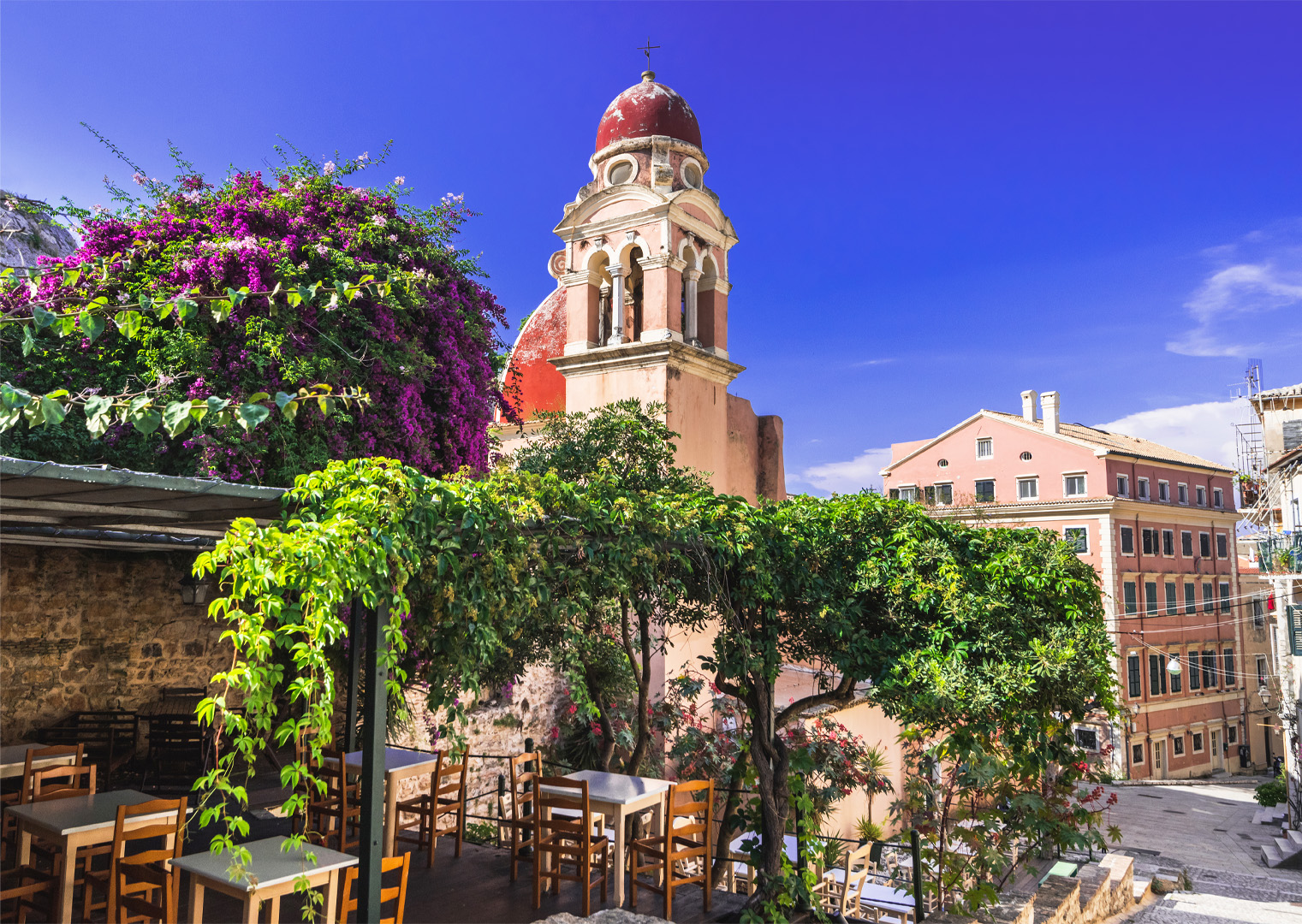 Picturesque street in Corfu town, Greece