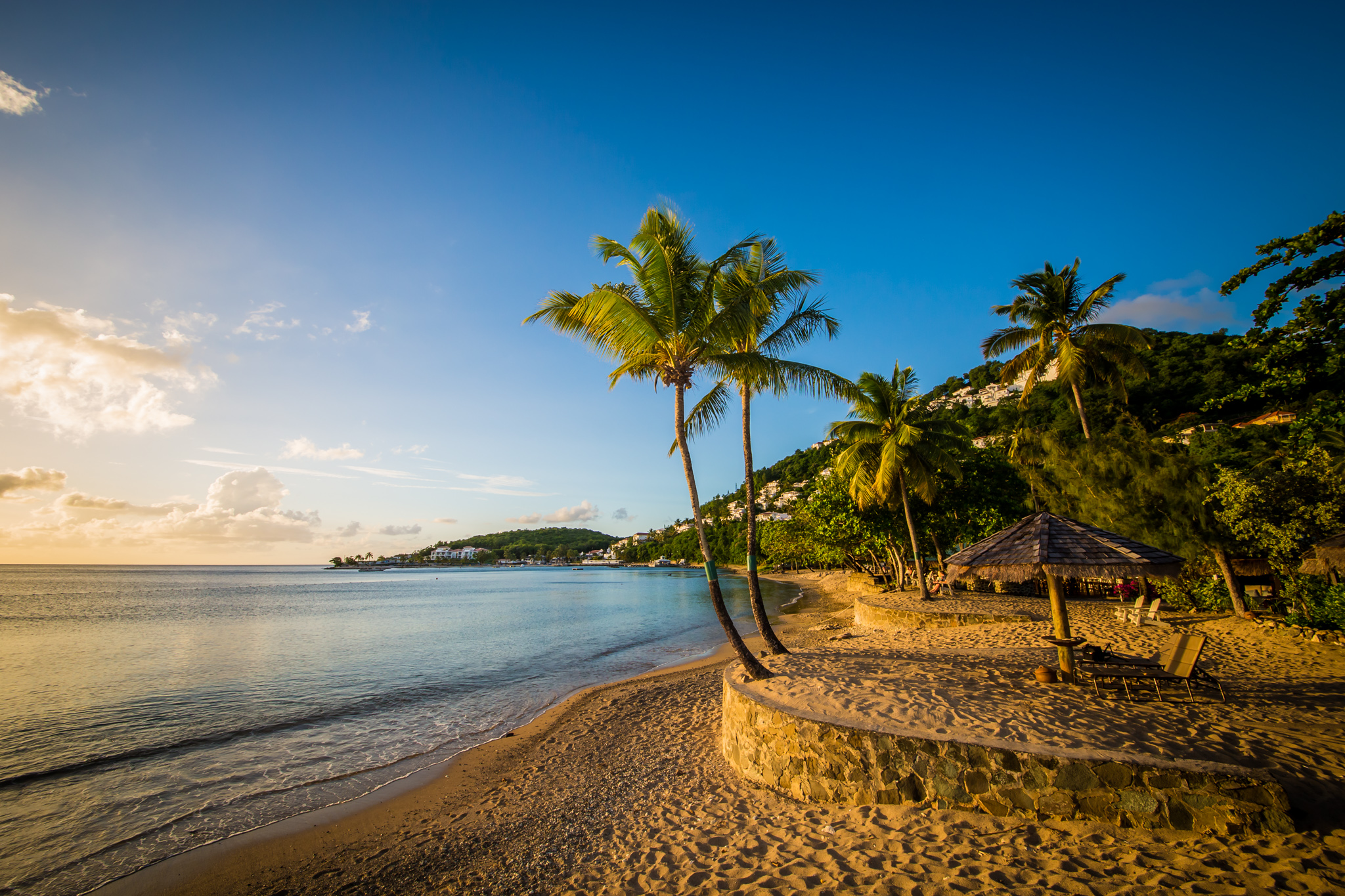  Caribbean, St Lucia, East Winds, Almond deck sunset