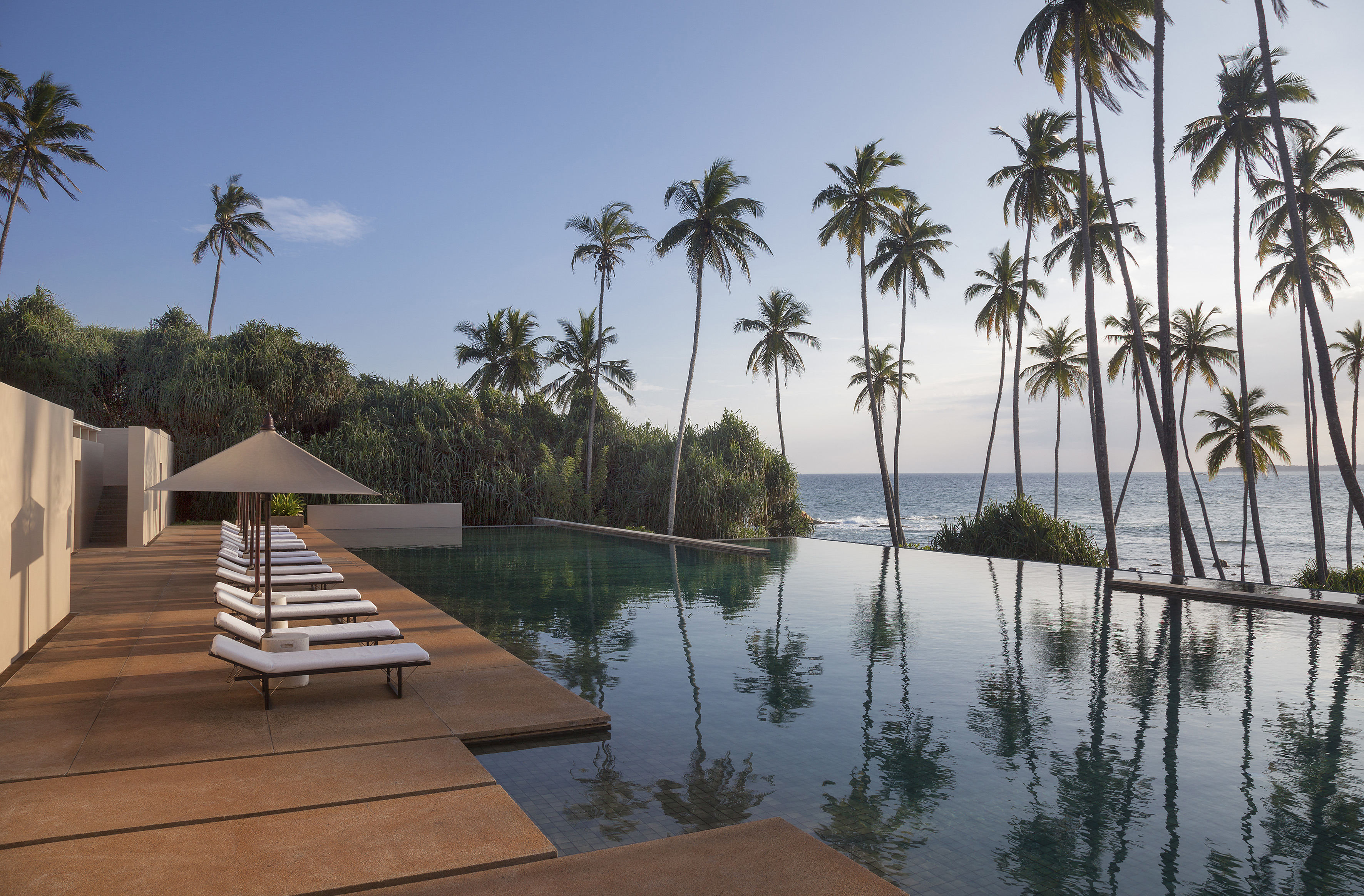 Infinity pool facing palms and the ocean featuring a deck lined with sun loungers 