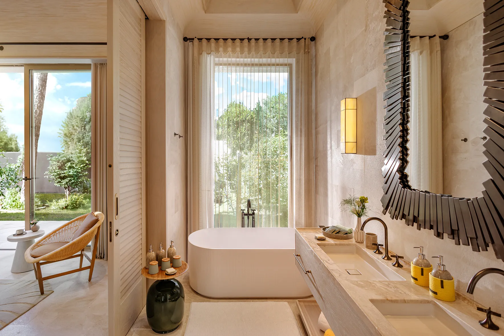 Europe, Turkey, Bijal, Corner Villa Bathroom with bath tub, twin sinks and large mirror 