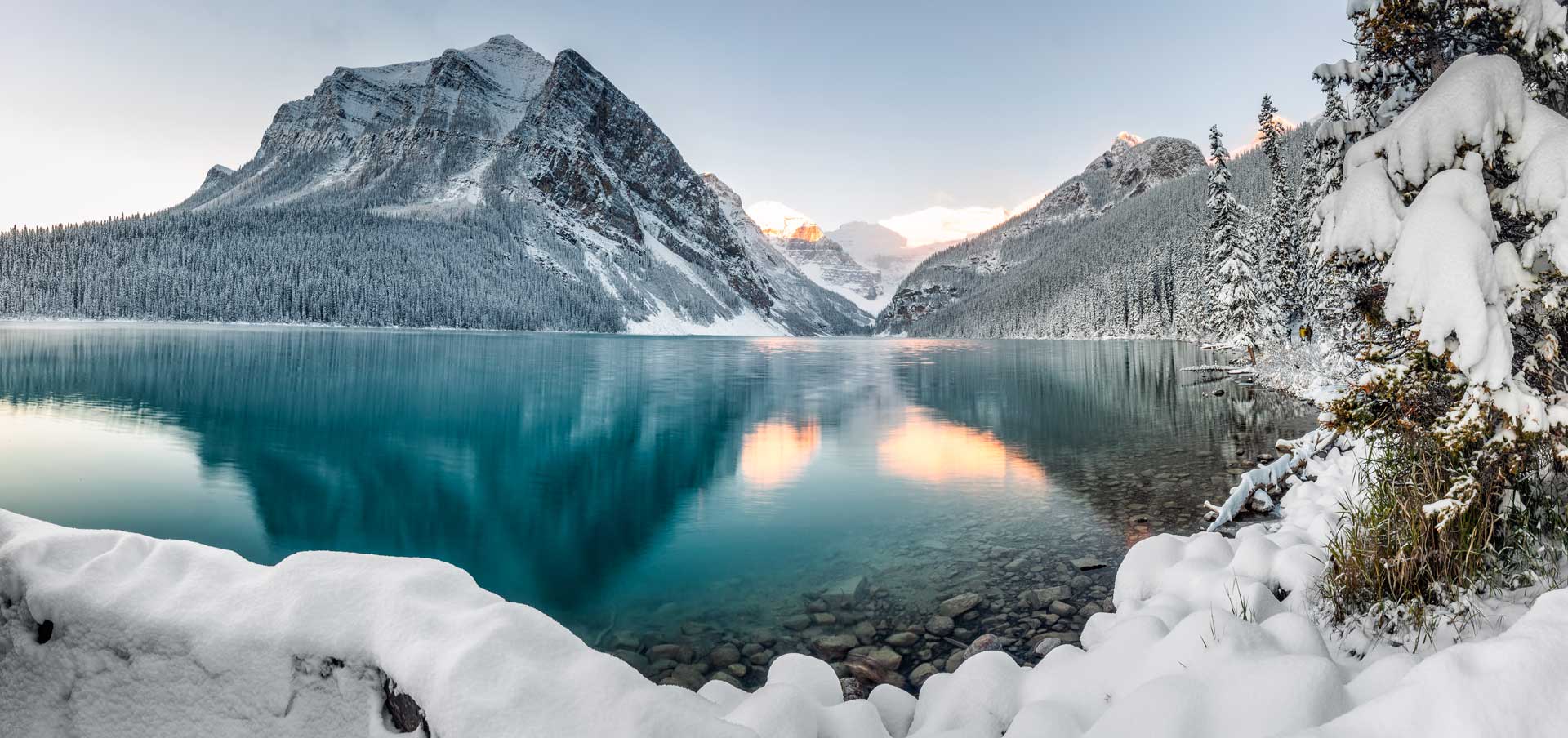 Snowy lake and mountain in Banff National Park