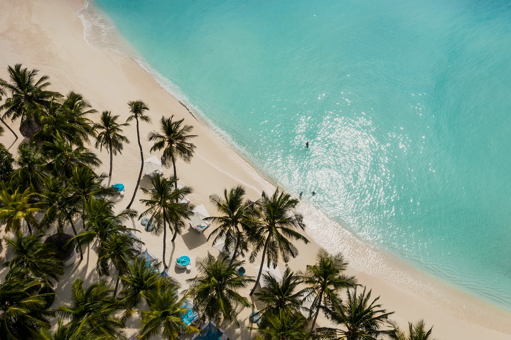 Aerial view of the beach club at One&Only Reethi Rah, Maldives