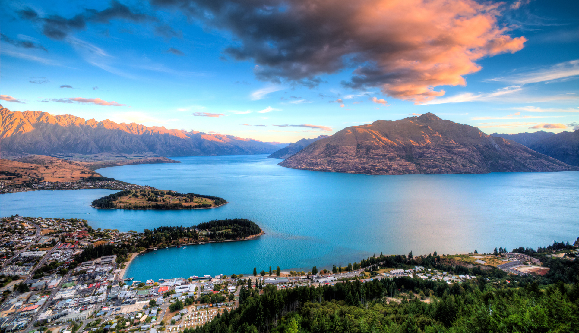 Aerial with of a town on the shore of Lake Wakatipu
