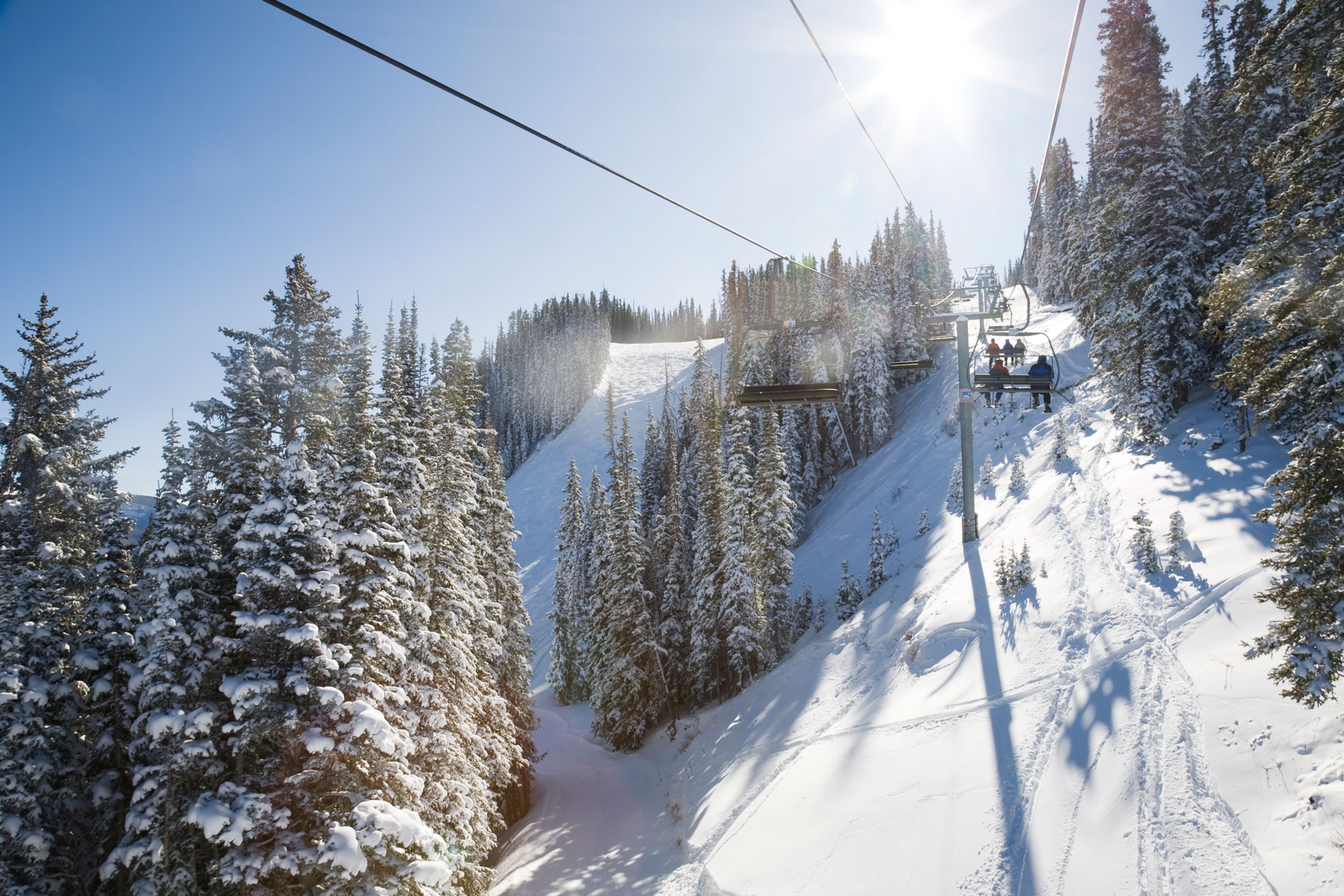 Riding a ski lift up a snowy mountain covered in trees