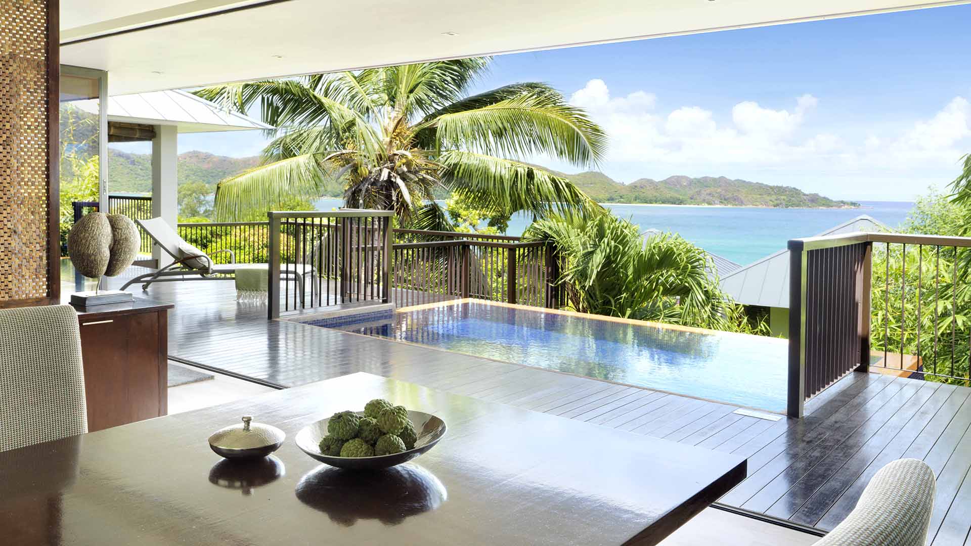 Indian Ocea, Seychelles, Raffles Seychelles, Ocean View Villa Dining Table and Pool View
