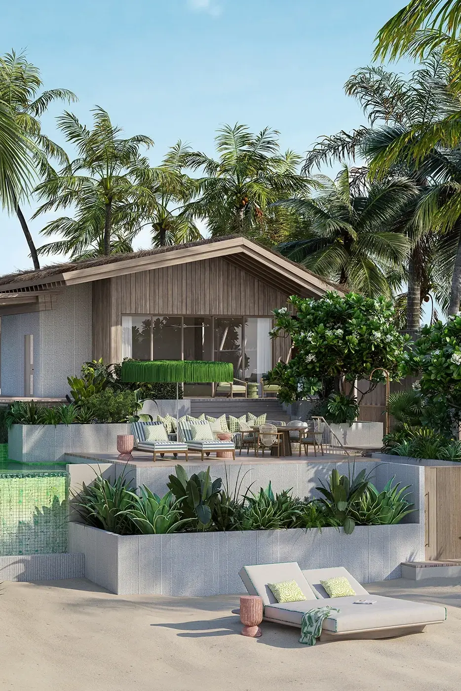 The back of a luxury beachfront villa surrounded by lush tropical greenery at .Here in the Maldives.