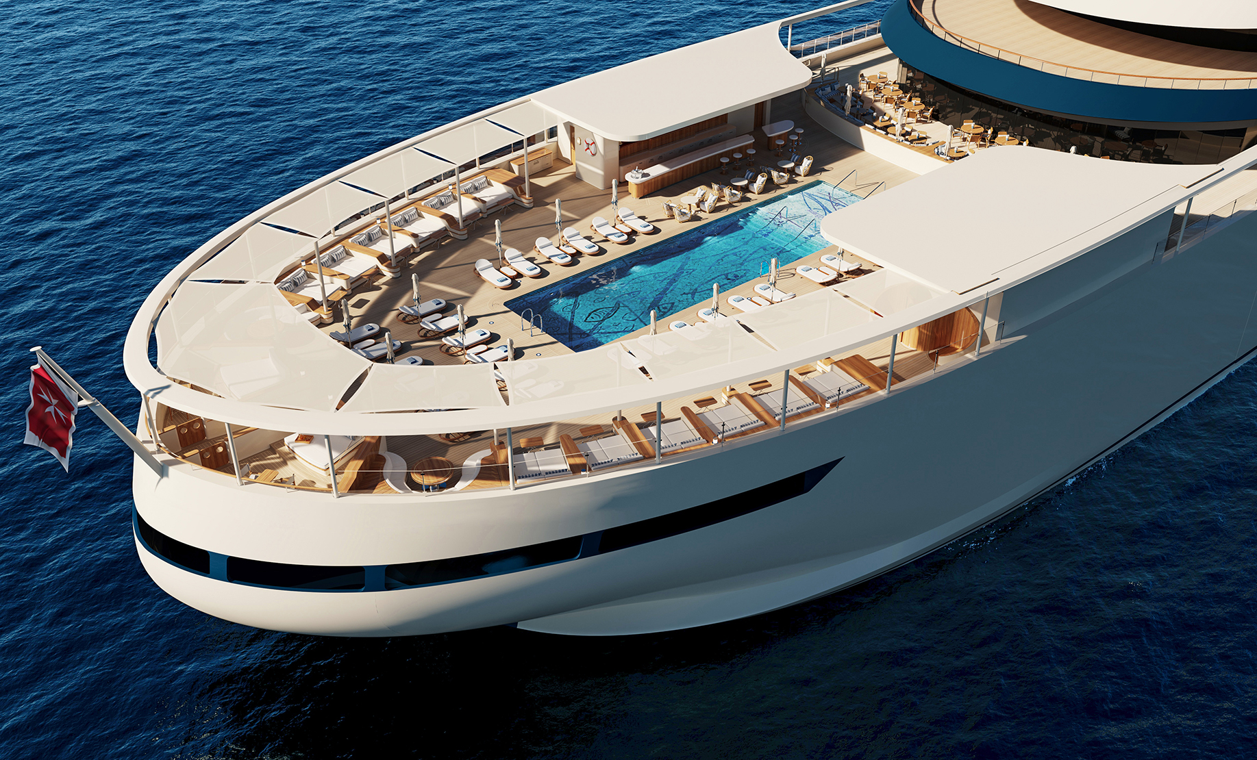 An aerial image of the exterior aft of Four Seasons I with pool and sun loungers