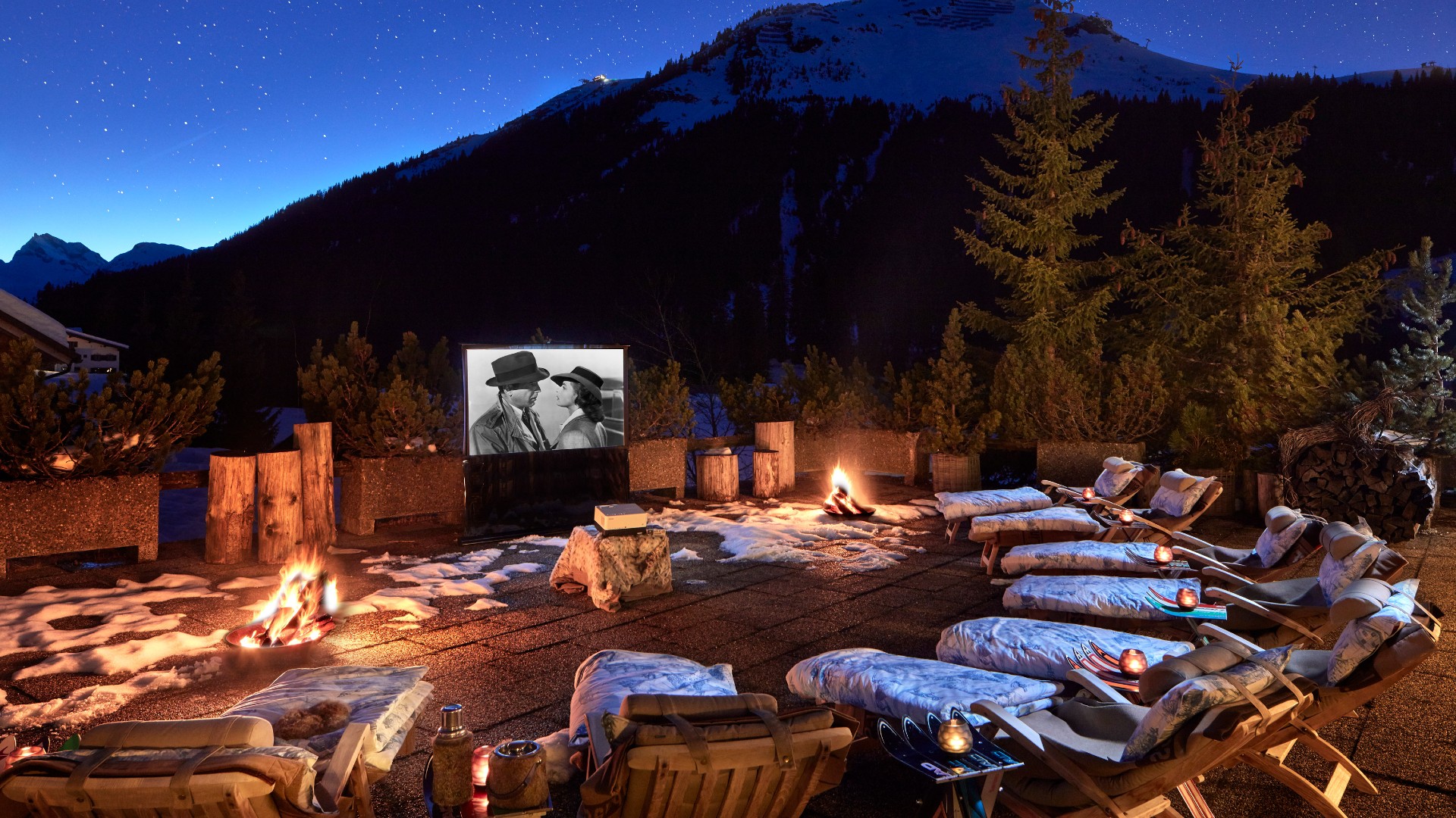 Europe, Austria, Kristiania Lech boutique hotel, outdoor cinema