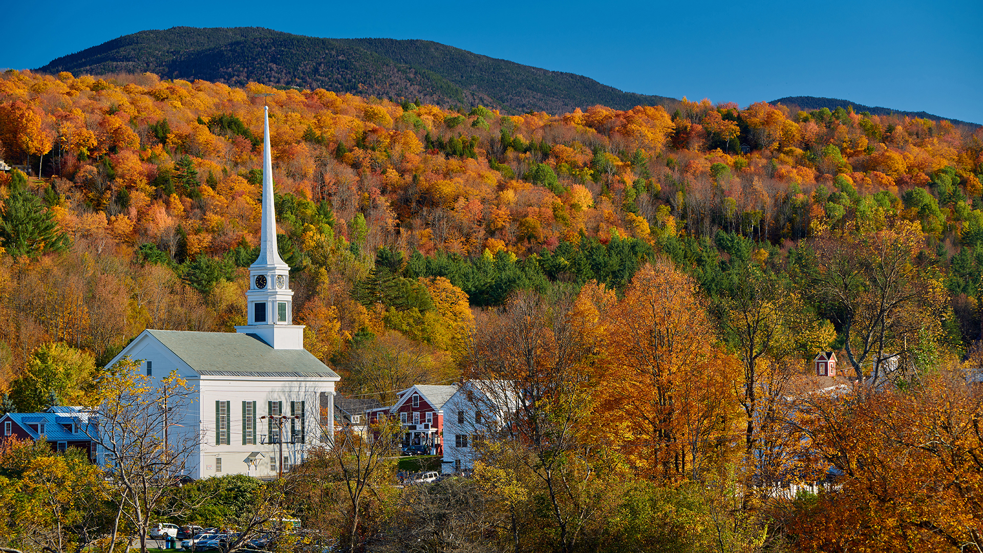 White church in Stowe at autumn time