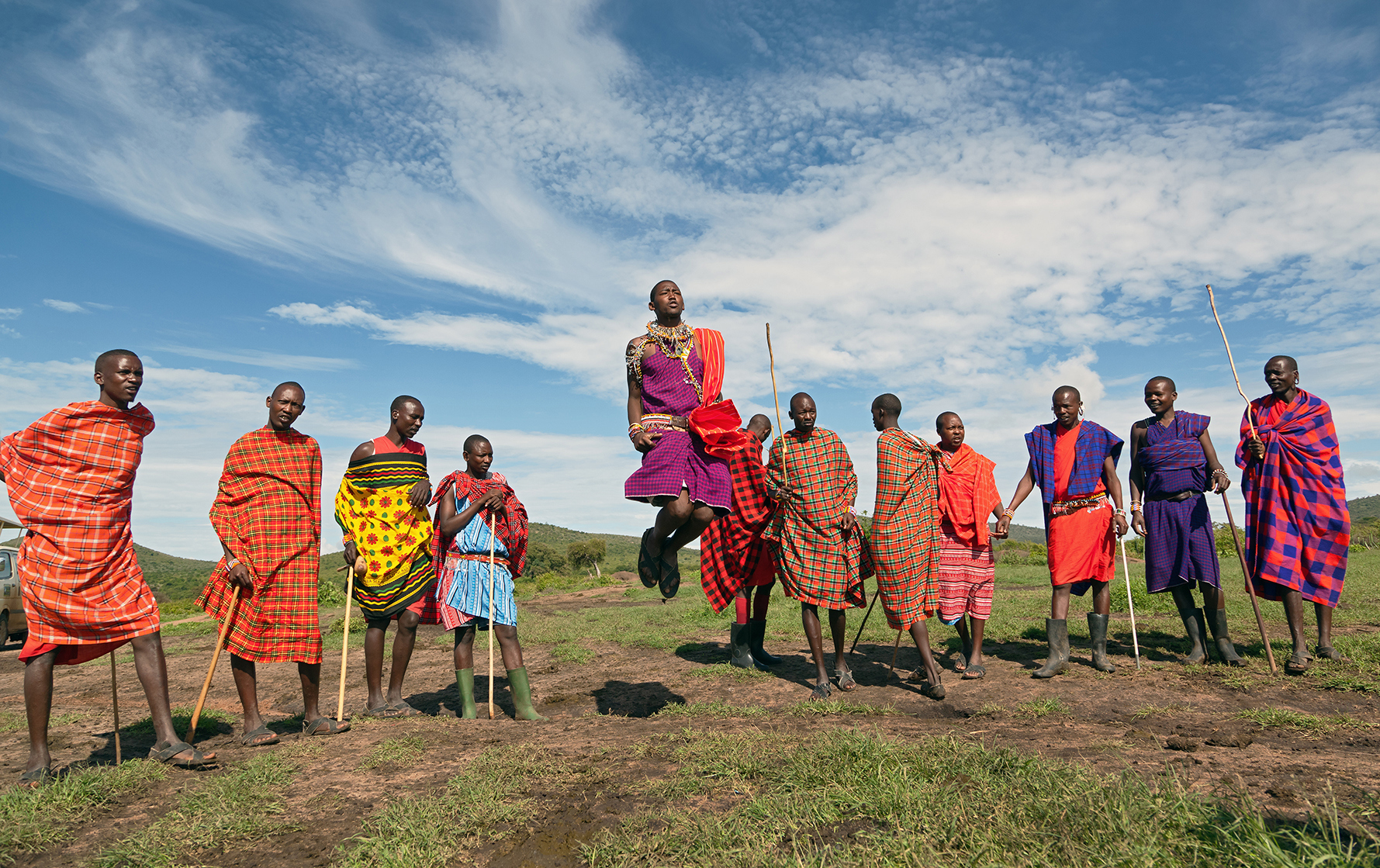 Maasai warriors performing a Adumu the group jumping dance