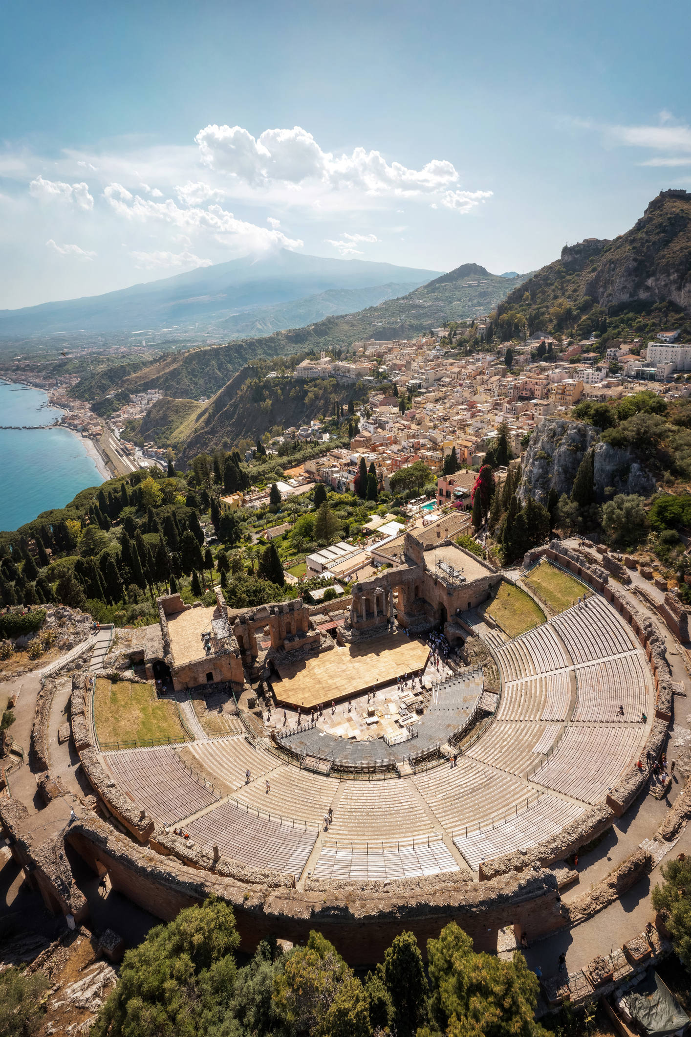 Europe, Italy, Sicily, Taormina, Greco-Roman theatre from above 