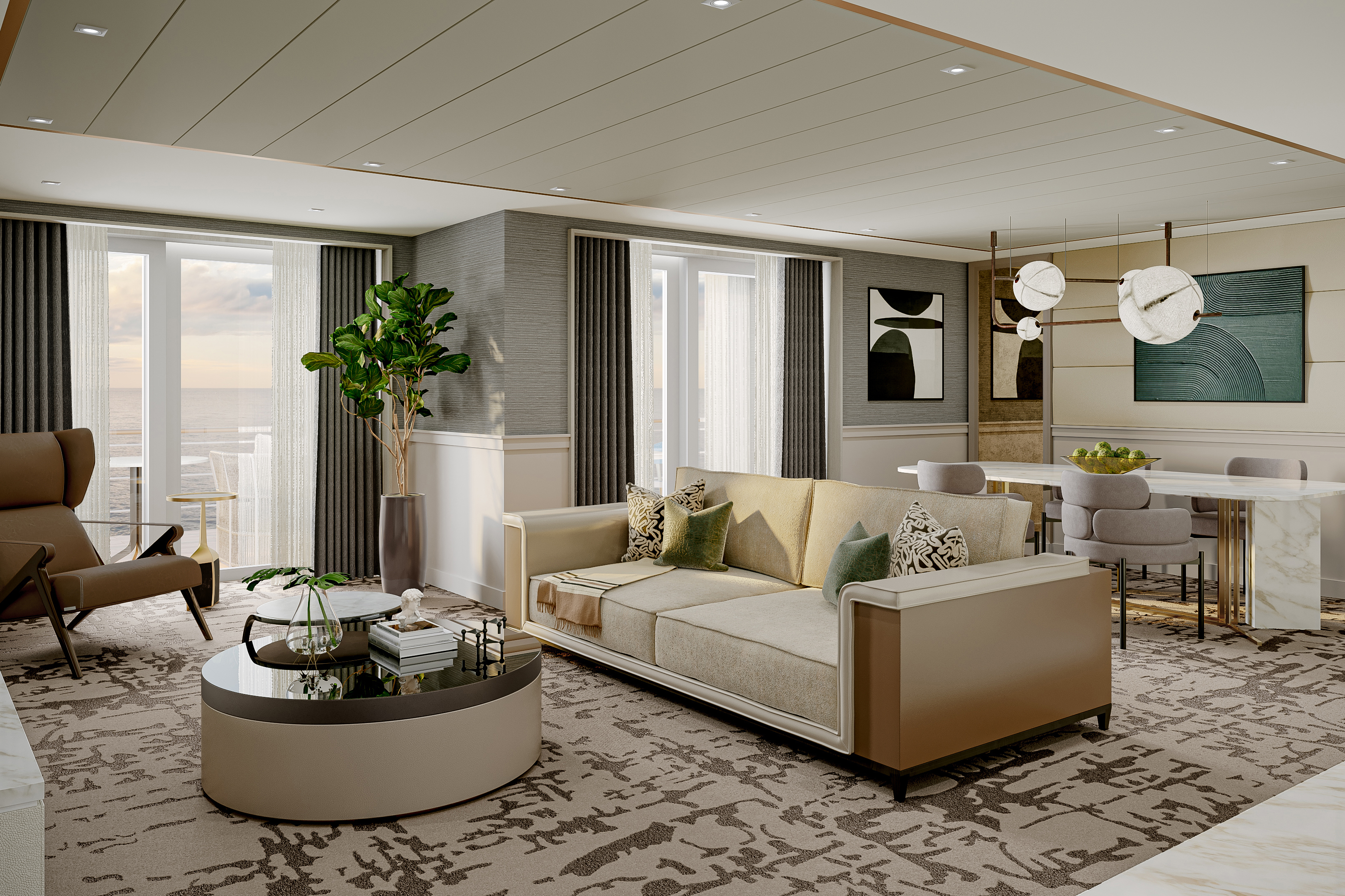 The lavish suite lounge of a Grand Suite aboard Seven Seas Prestige featuring modern furniture, graphic artwork and plush patterned soft furnishings