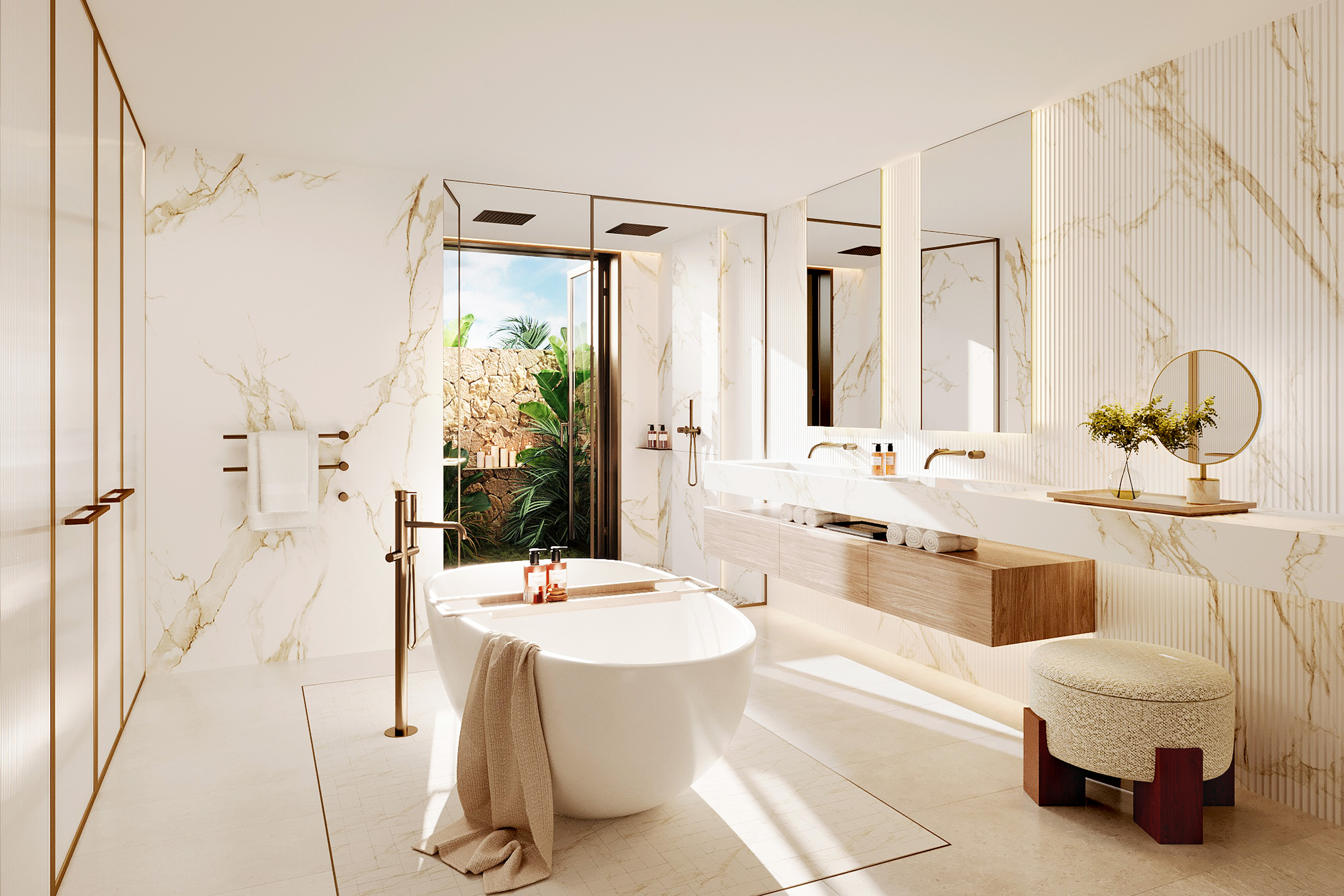A luxurious marble bathroom in Sani Asterias featuring white and wooden furnishings and an outdoor space 