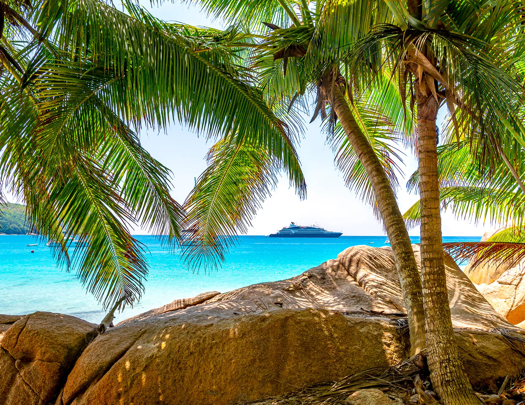 Tropical beach view framed by palm trees with turquoise water, smooth granite boulders and a cruise ship in the distance.