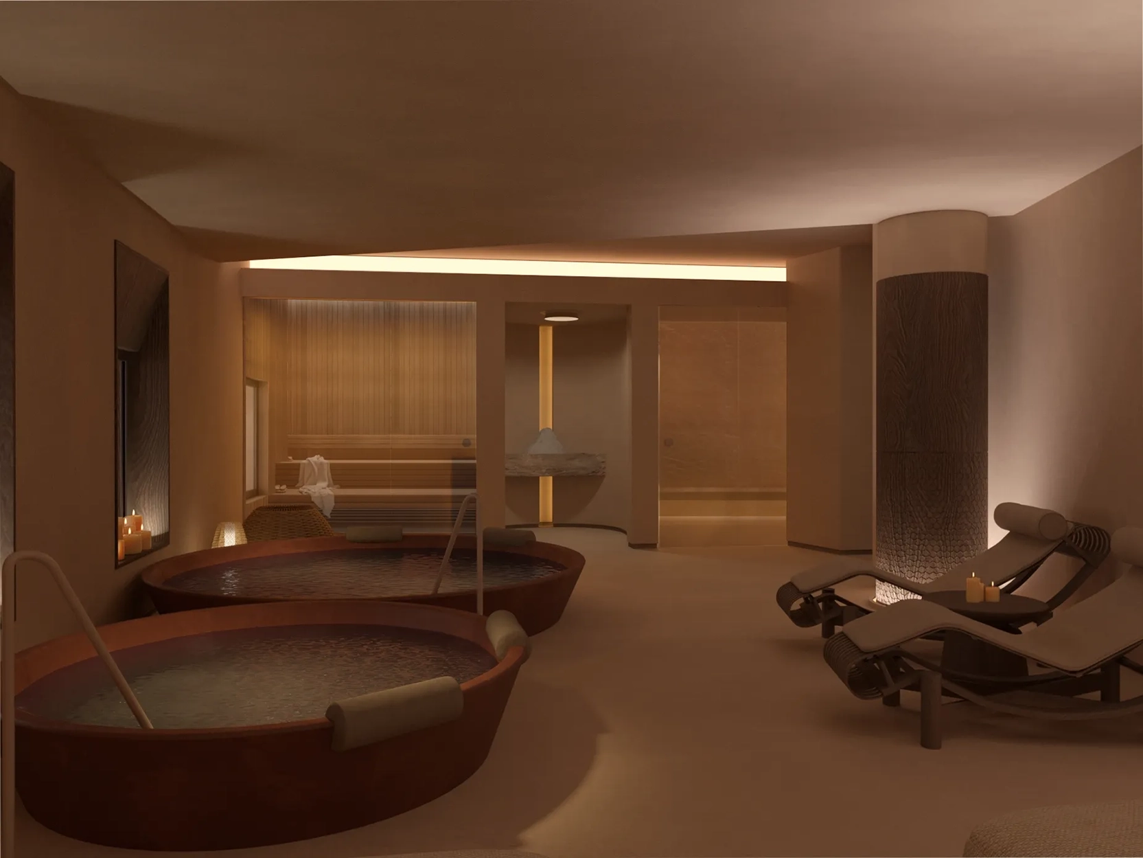 Sauna and steam room with two large bathtubs and two lounge chairs