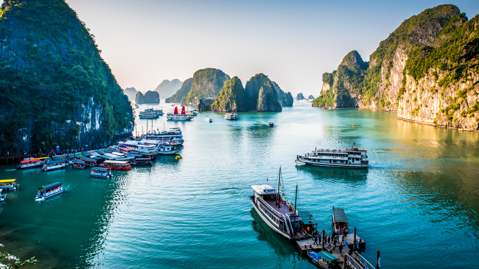Boats docked at Halong Bay