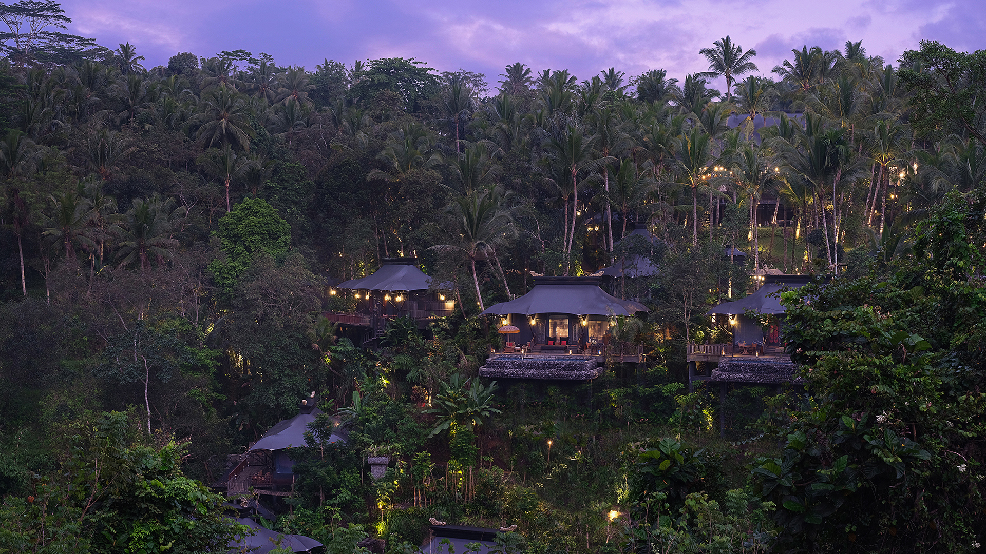 Tent overview from across valley at Capella Ubud in Bali